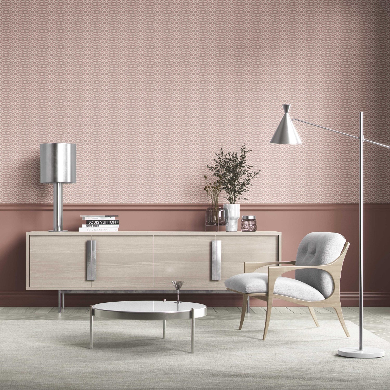 Geometric Diamond Lattice Bathroom Wallpaper (Dusty Rose Pink/ White)