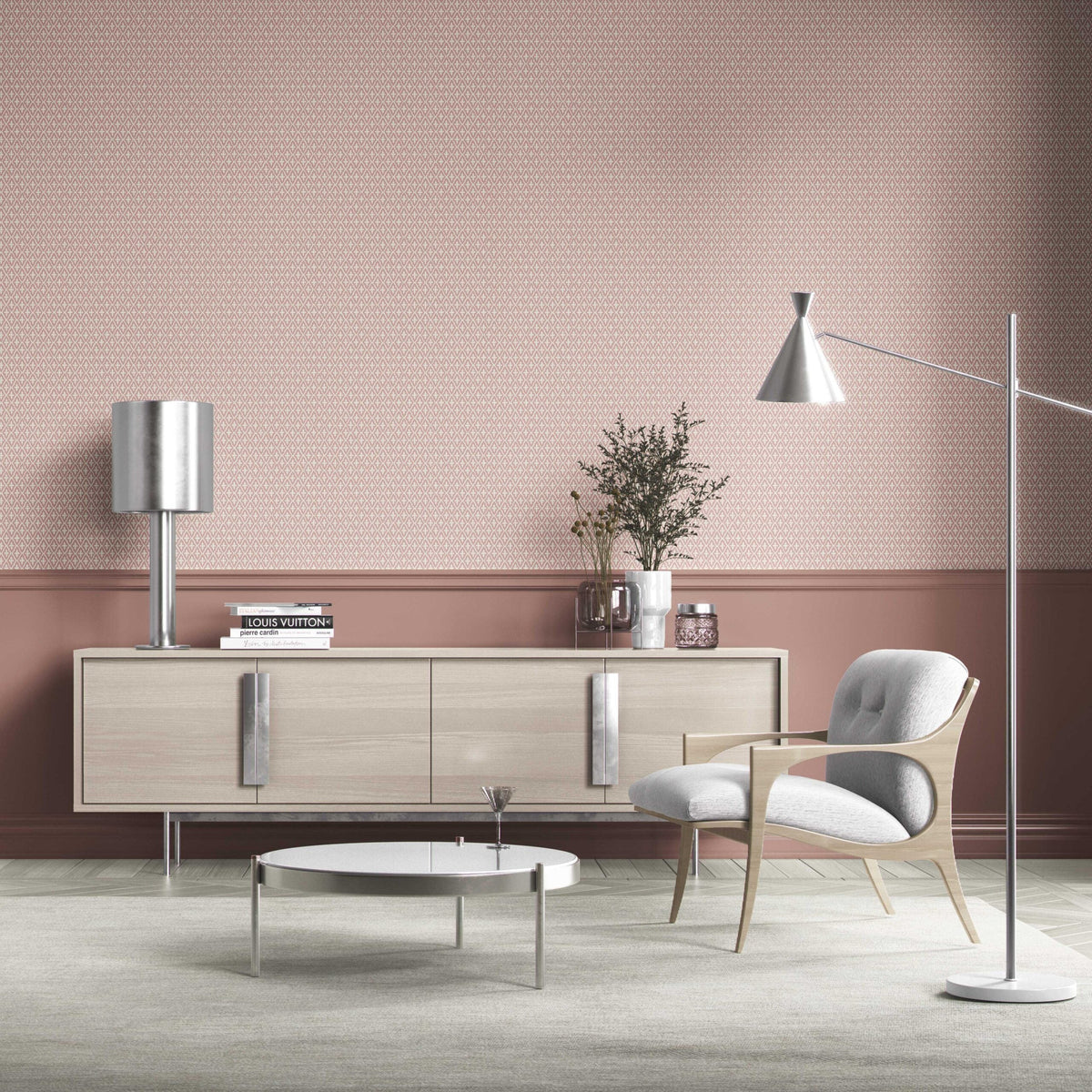 Geometric Diamond Lattice Bathroom Wallpaper (Dusty Rose Pink/ White)