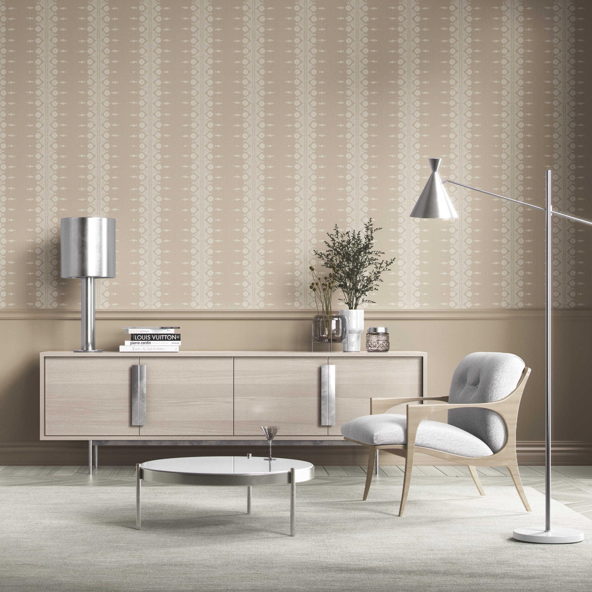 Neutral Floral Striped Kitchen Wallpaper (Beige/ Off-White)