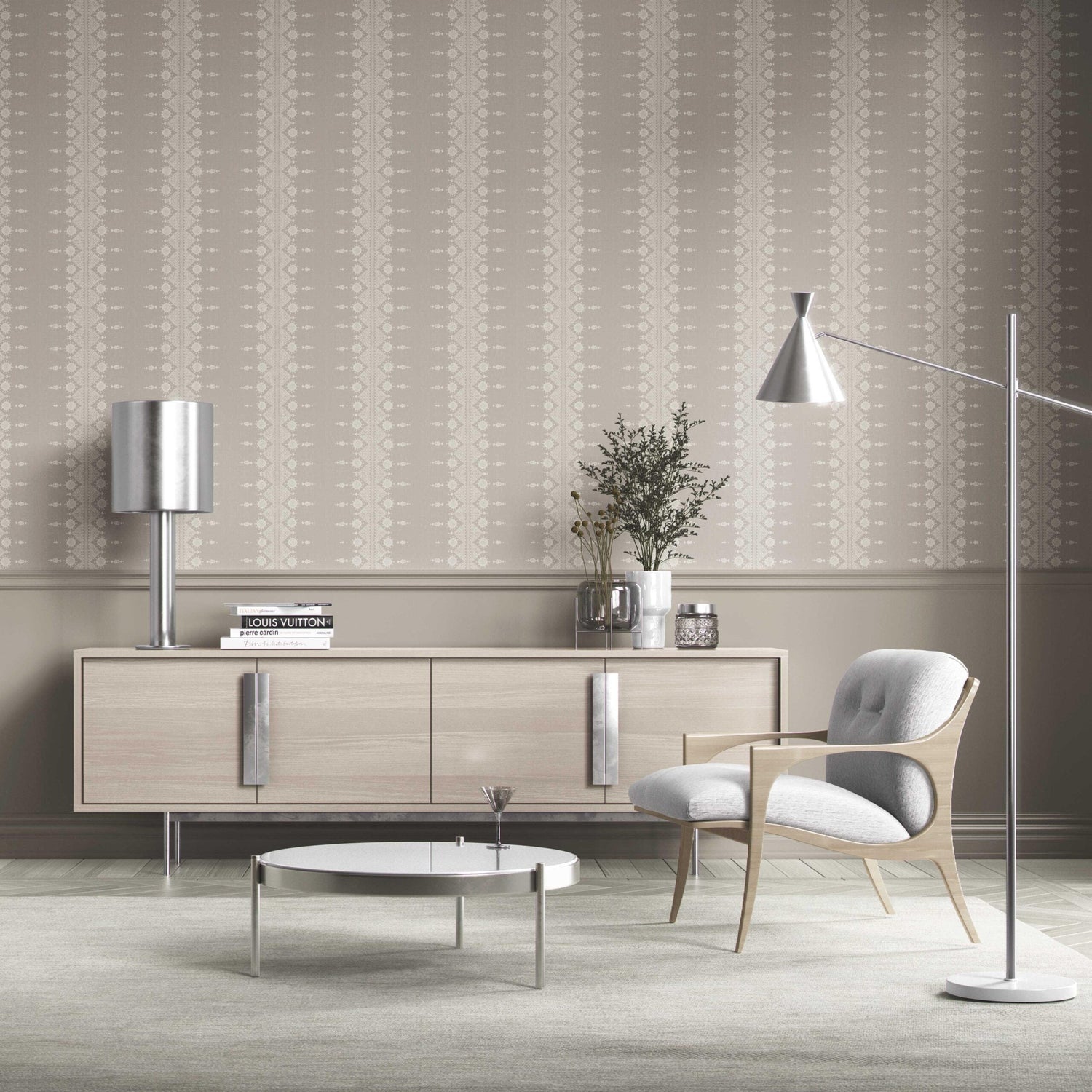 Neutral Floral Striped Kitchen Wallpaper (Gray/ Off White)