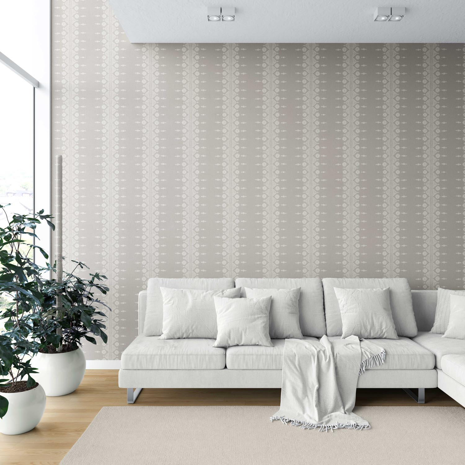 Neutral Floral Striped Shower Toilet Wallpaper (Gray/ Off White)