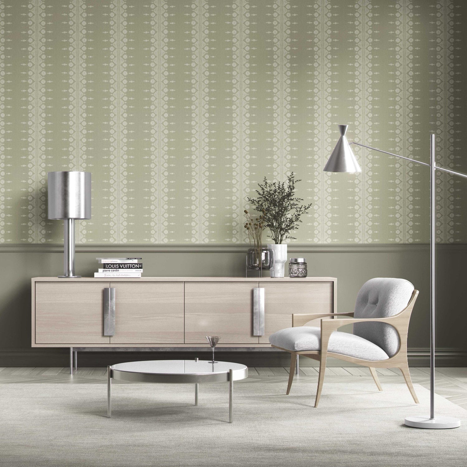 Floral Striped Kitchen Wallpaper (Green/ Off-White)