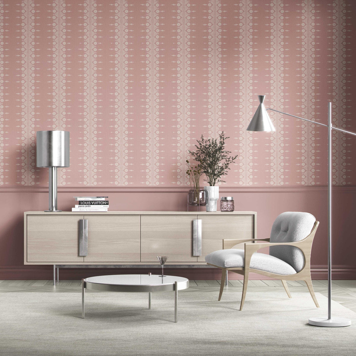Floral Striped Kitchen Wallpaper (Pink/ Off-White)