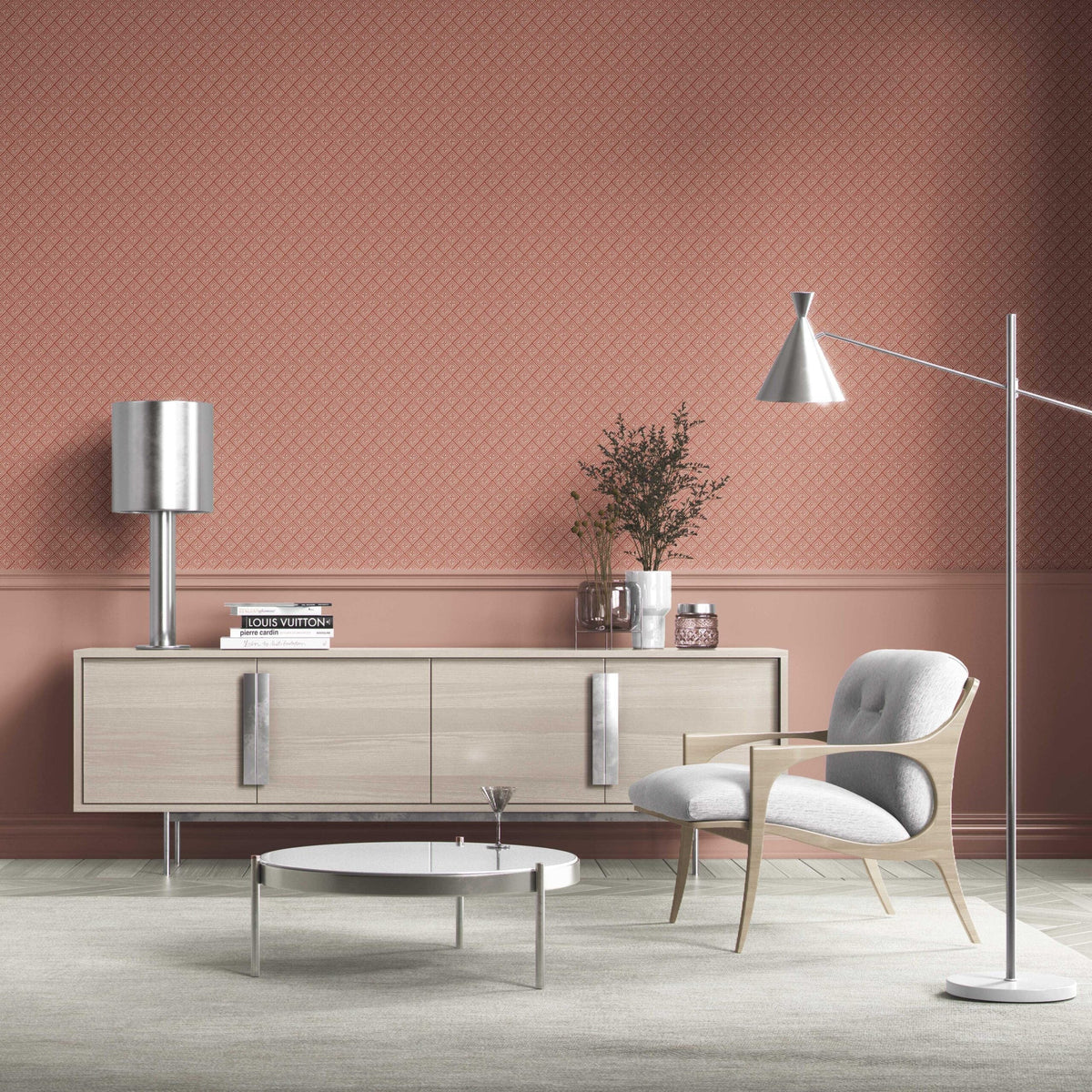 Small Diamond Lattice/ Textured Check Bathroom Wallpaper (Terracotta Red/ White)