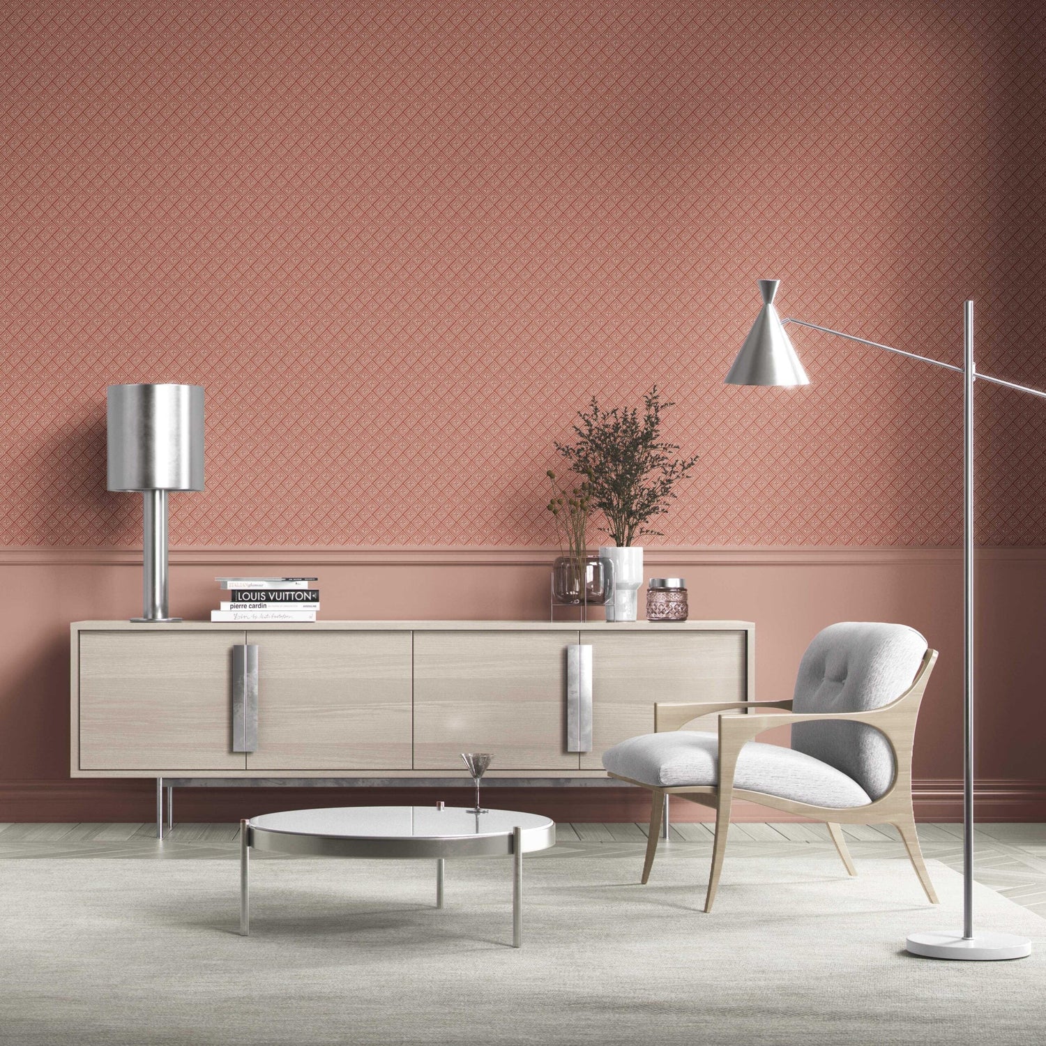 Small Diamond Lattice/ Textured Check Bathroom Wallpaper (Terracotta Red/ White)