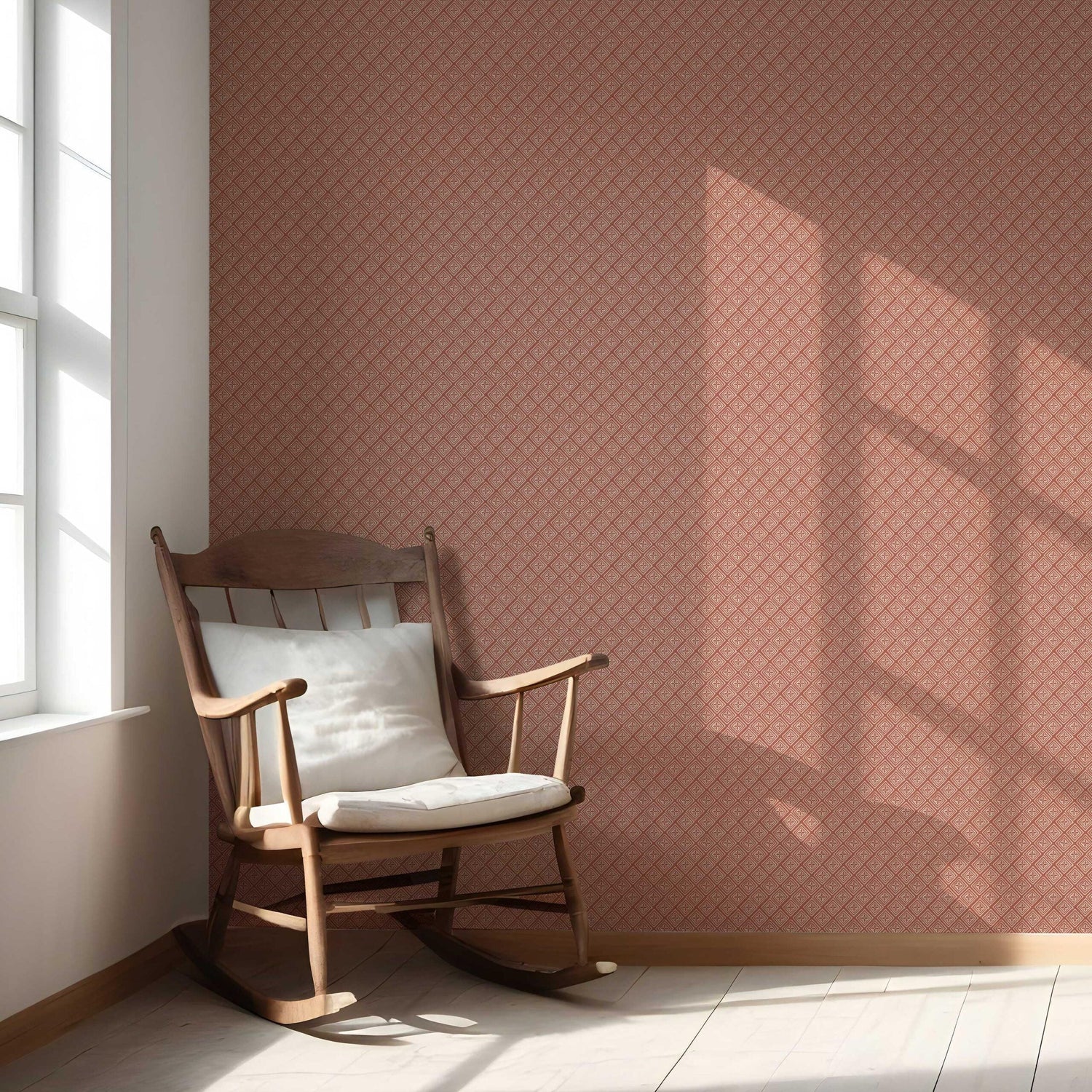 Small Diamond Lattice/ Textured Check Nursery Wallpaper (Terracotta Red/ White)