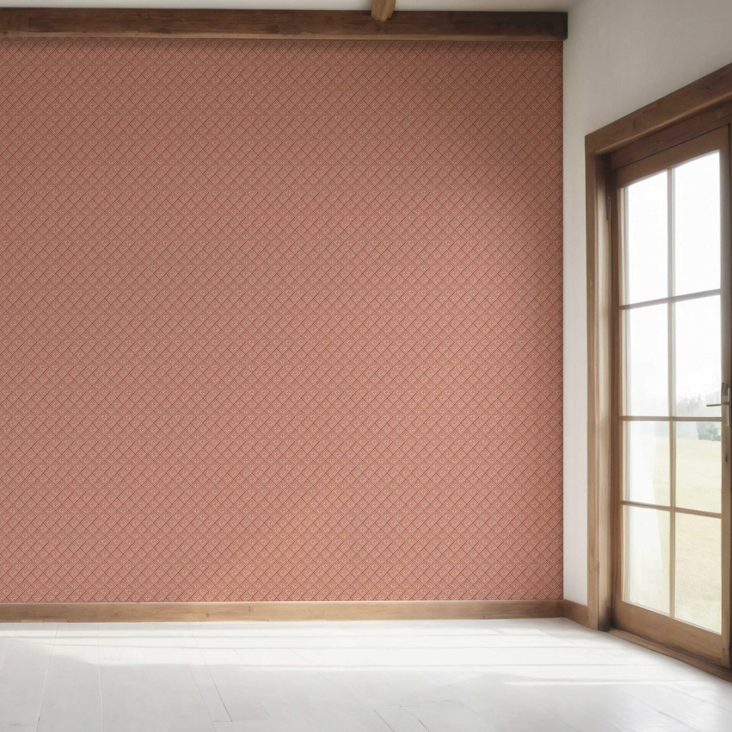 Small Diamond Lattice/ Textured Check Bedroom Wallpaper (Terracotta Red/ White)