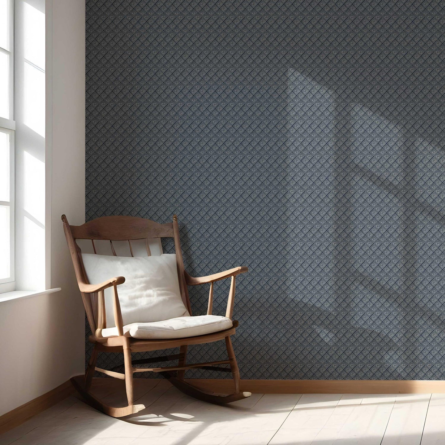 Small Diamond Lattice/ Textured Check Nursery Wallpaper (Midnight Blue/ White)