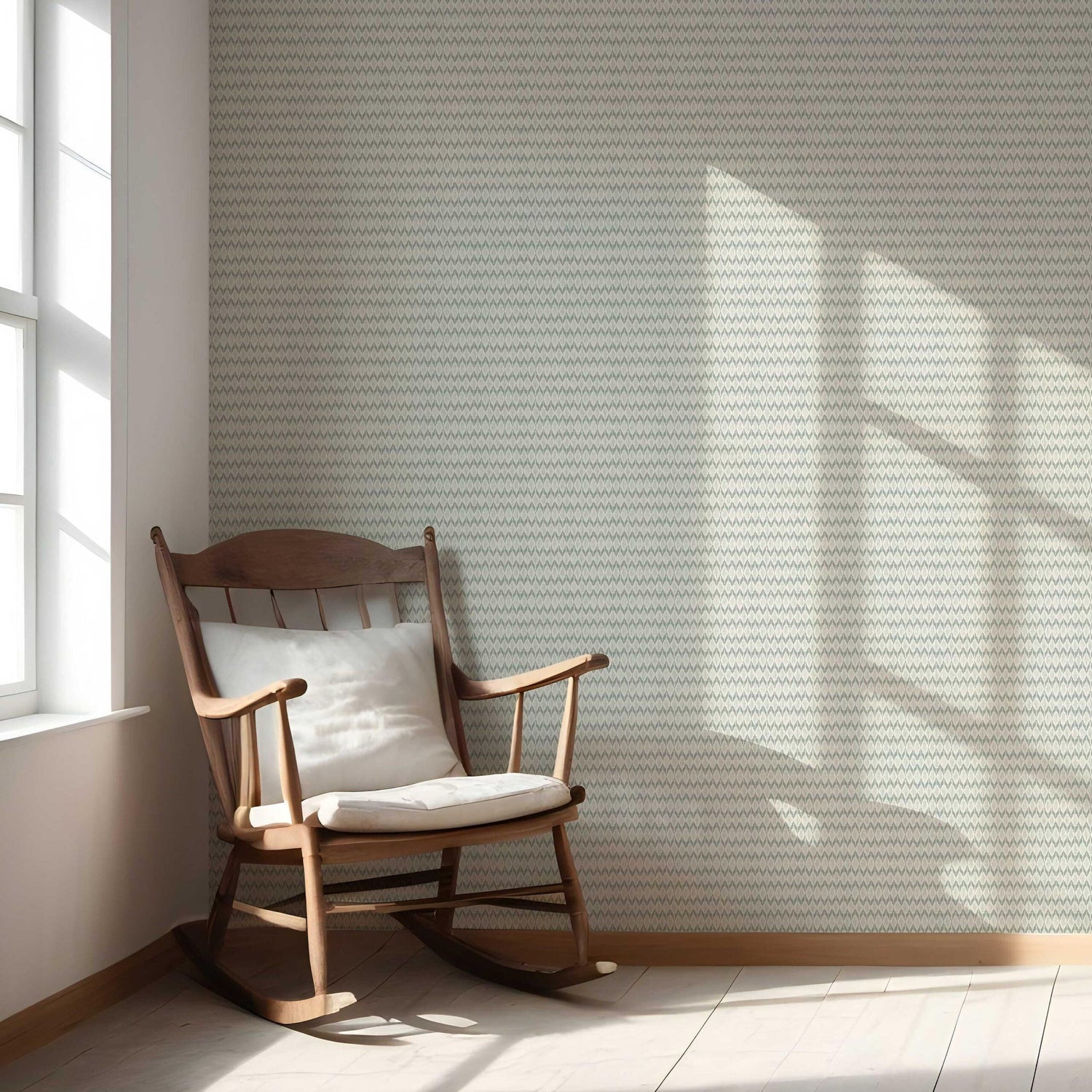 Geometric Ikat Striped Nursery Wallpaper (Sage Gray/ White)