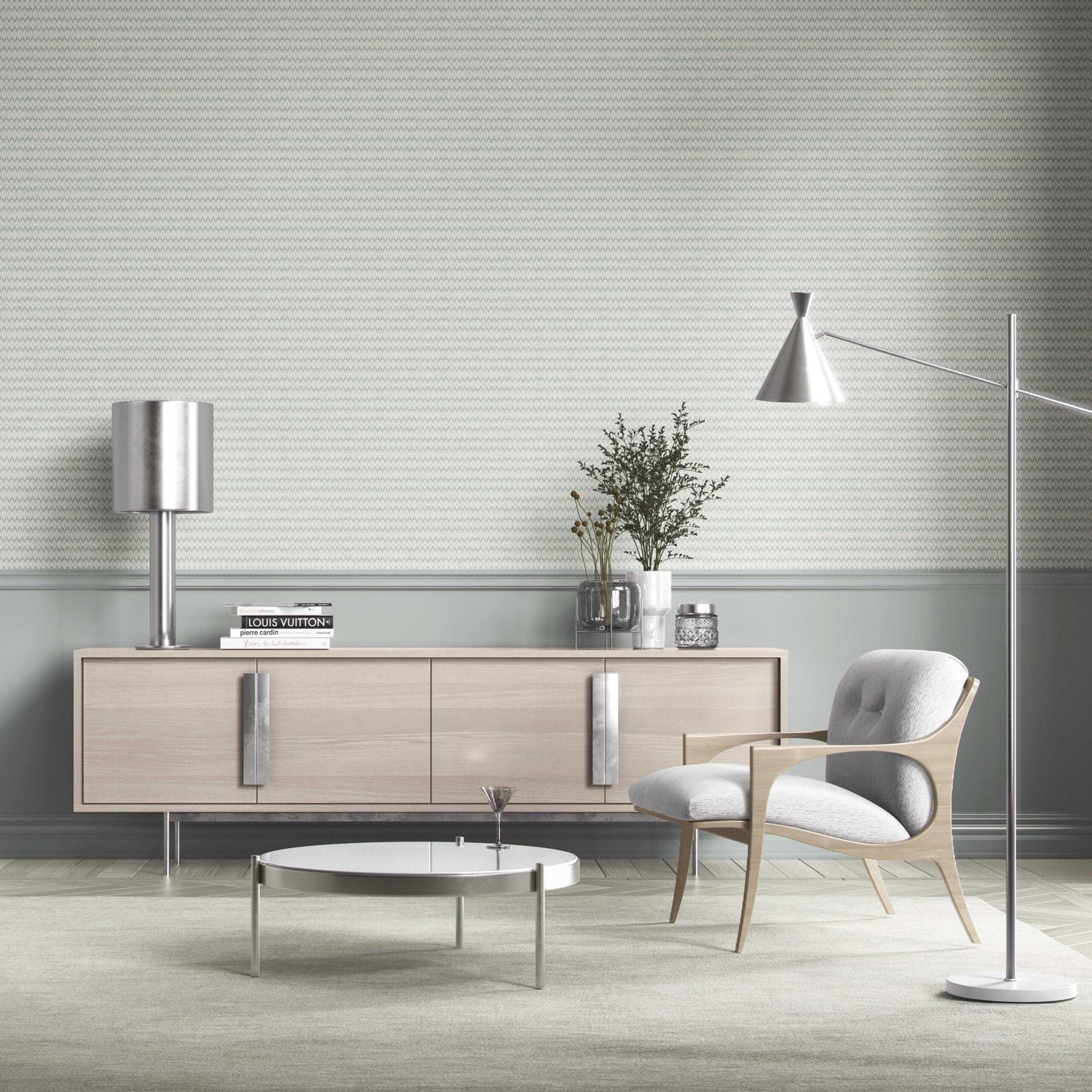 Neutral Ikat Striped Bathroom Wallpaper (Light Gray- Blue/ White)