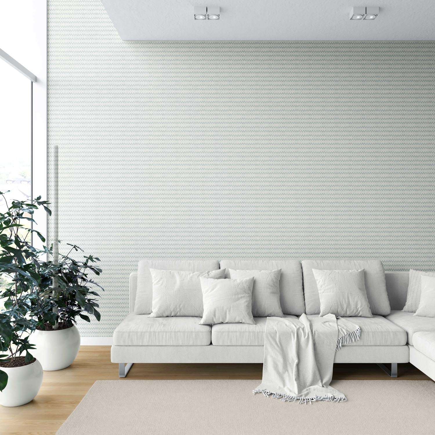 Neutral Ikat Striped Shower Toilet Wallpaper (Light Gray- Blue/ White)