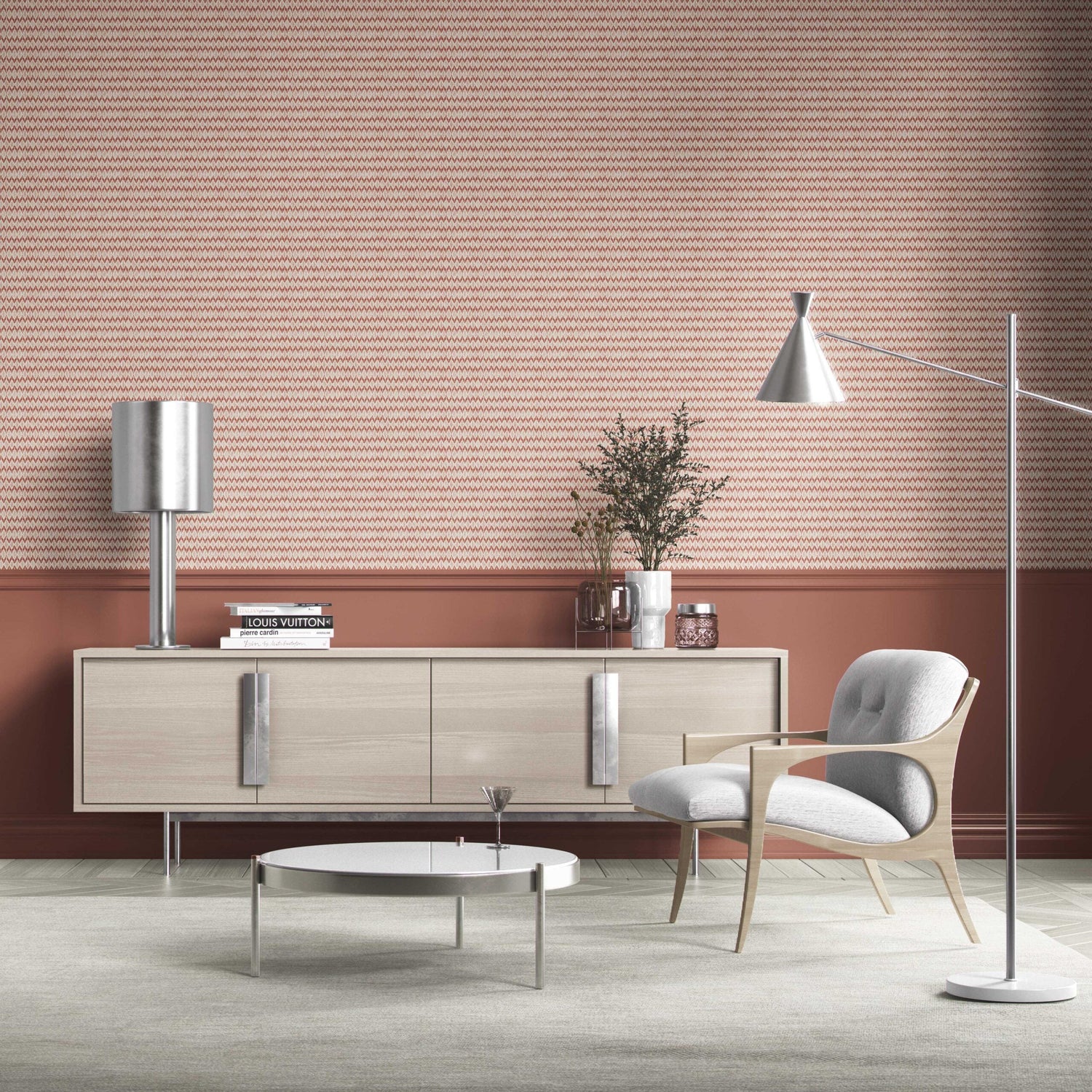 Geometric Ikat Striped Bathroom Wallpaper (Brick Red/ White)