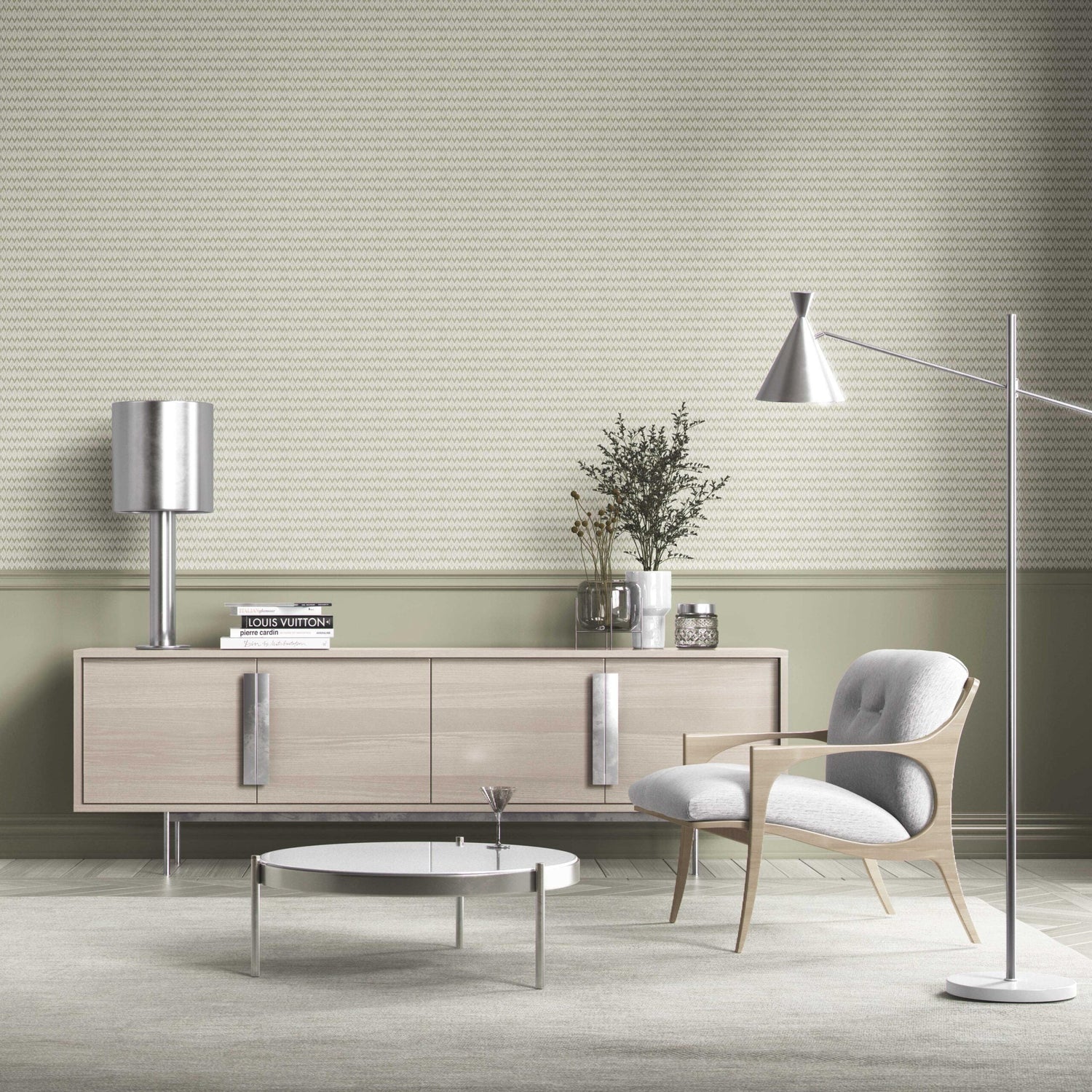 Geometric Ikat Striped Bathroom Wallpaper (Olive Green/ White)