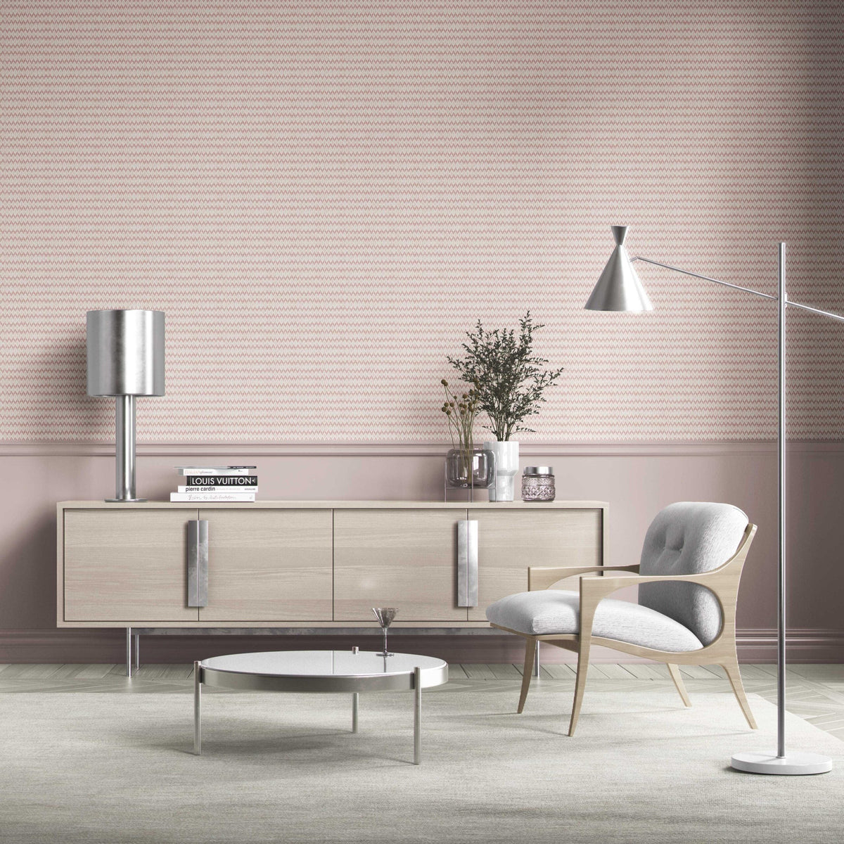 Geometric Ikat Striped Bathroom Wallpaper (Pink/ White)