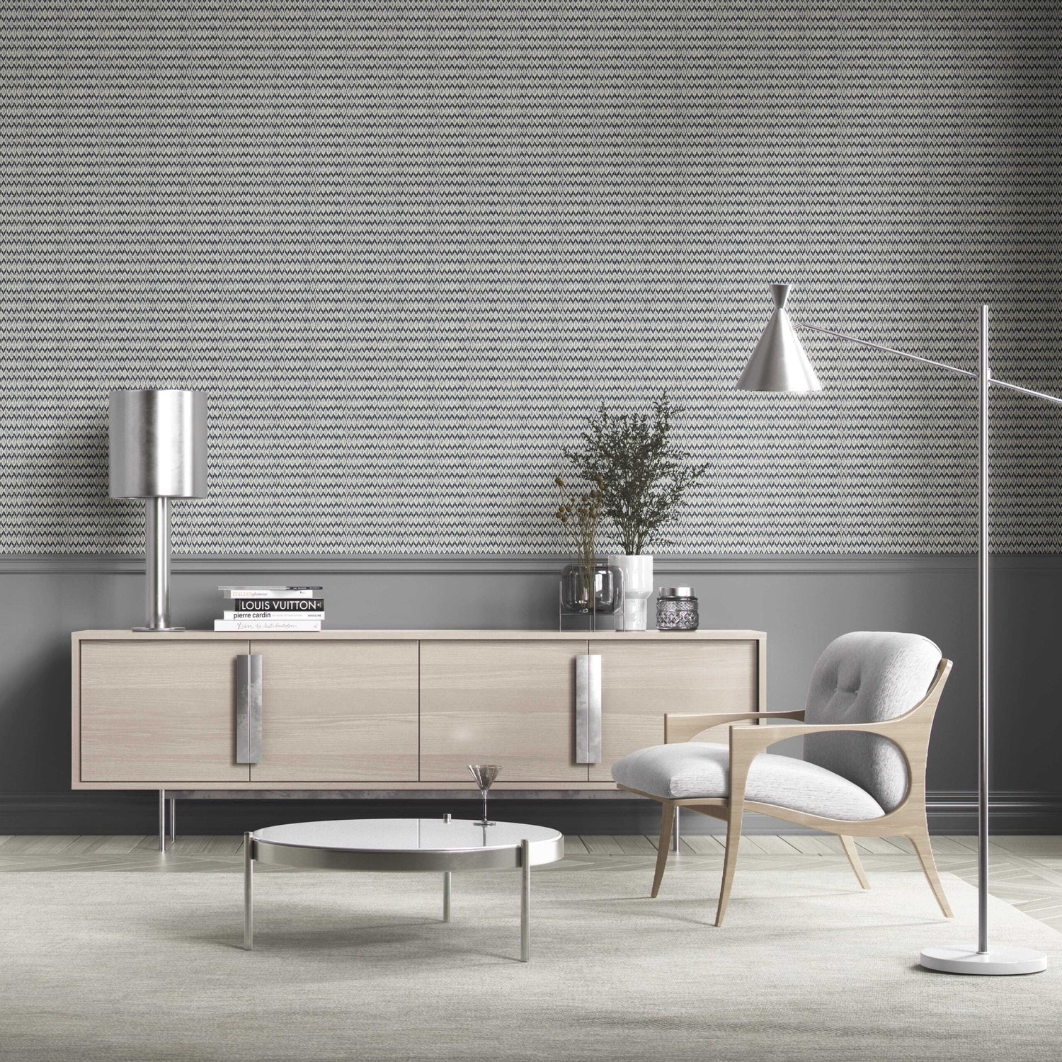 Geometric Ikat Striped Bathroom Wallpaper (Navy Blue/ White)