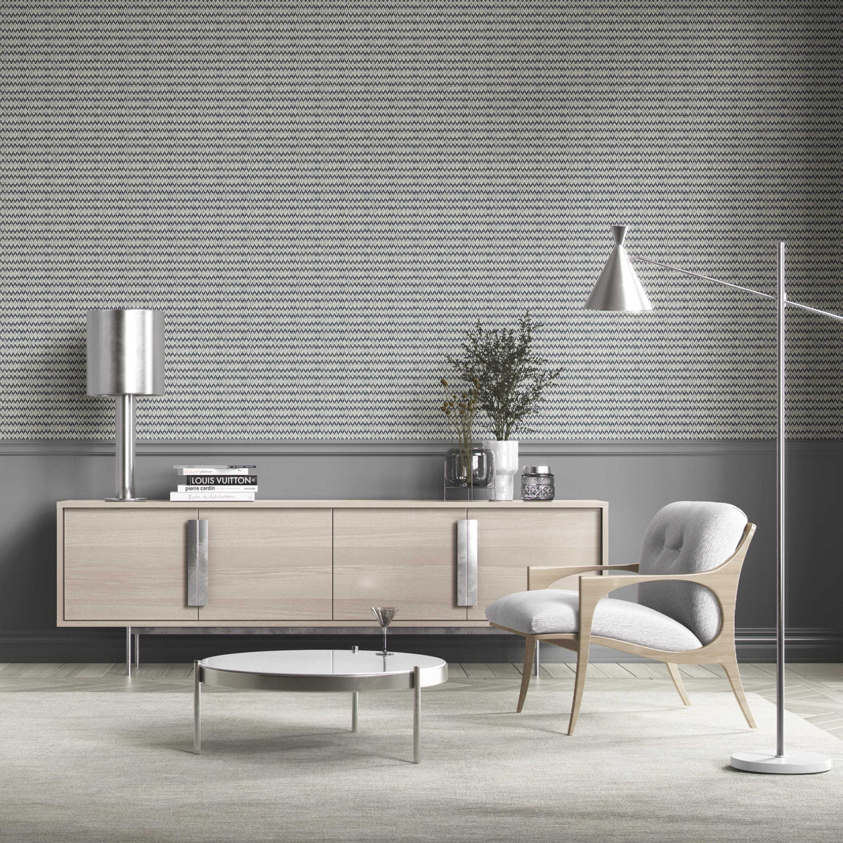 Geometric Ikat Striped Bathroom Wallpaper (Navy Blue/ White)