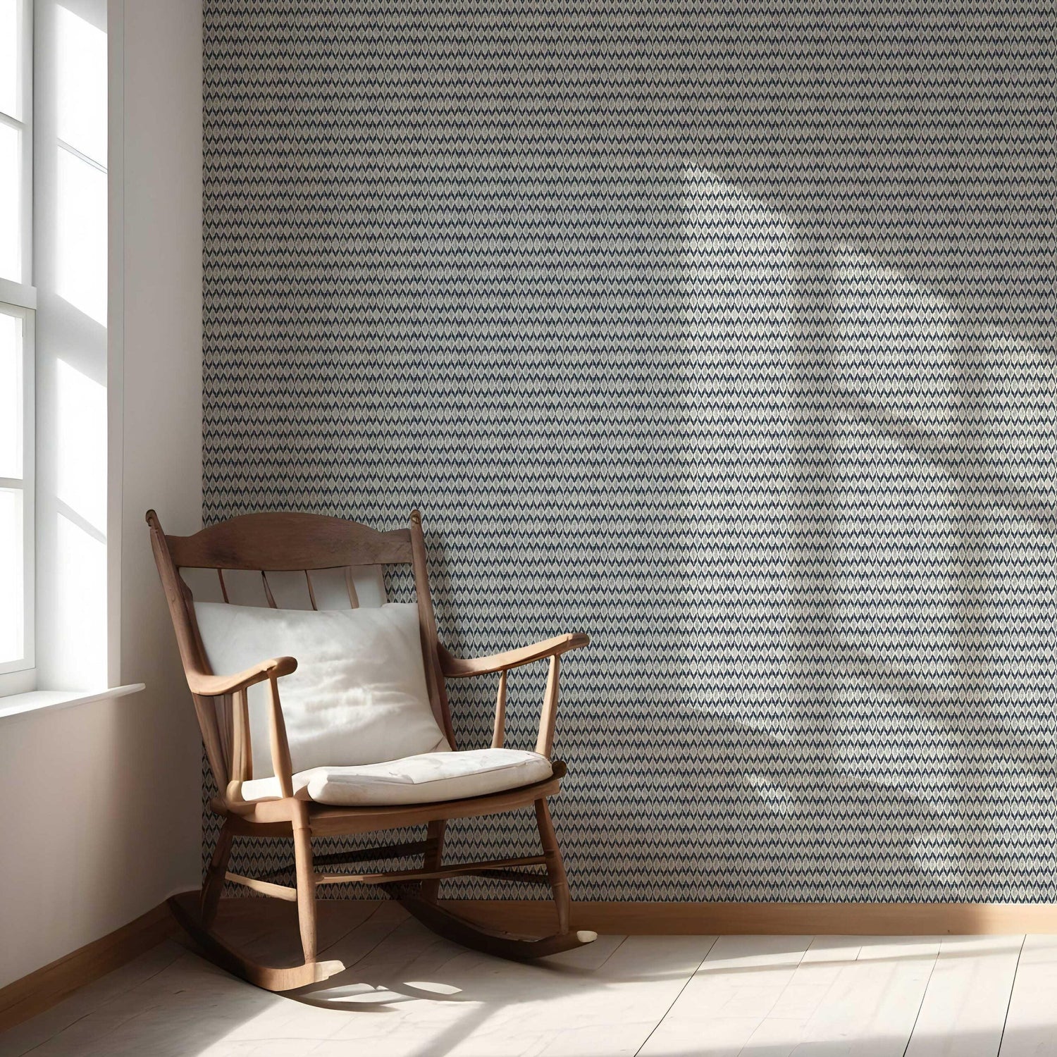 Geometric Ikat Striped Nursery Wallpaper (Navy Blue/ White)