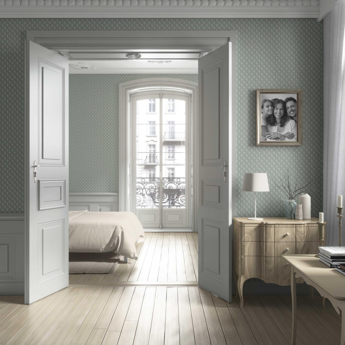 Textured Teardrop/ Paisley Block Print Living Room Wallpaper (Green-Gray/ White)