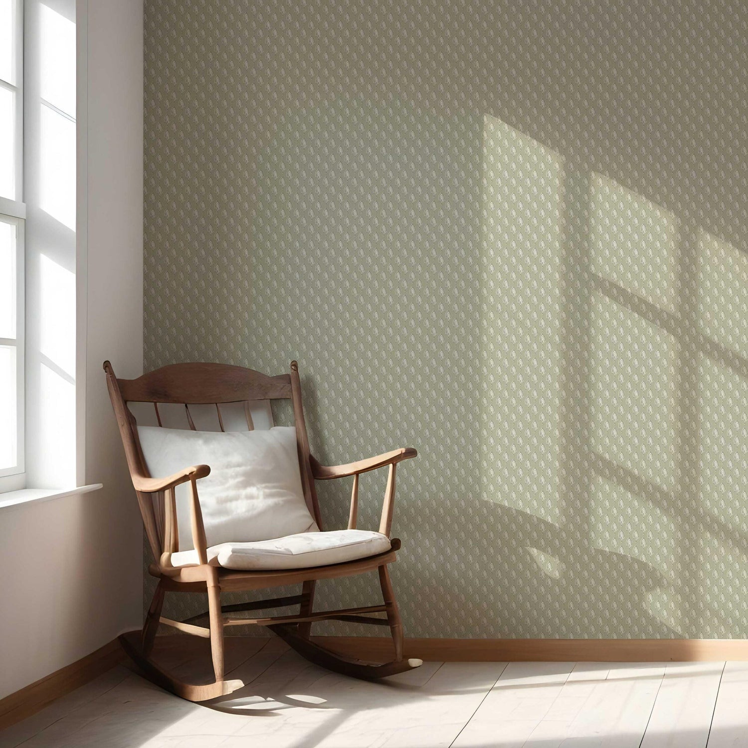 Textured Teardrop/ Paisley Block Print Nursery Wallpaper (Olive Green/ White)