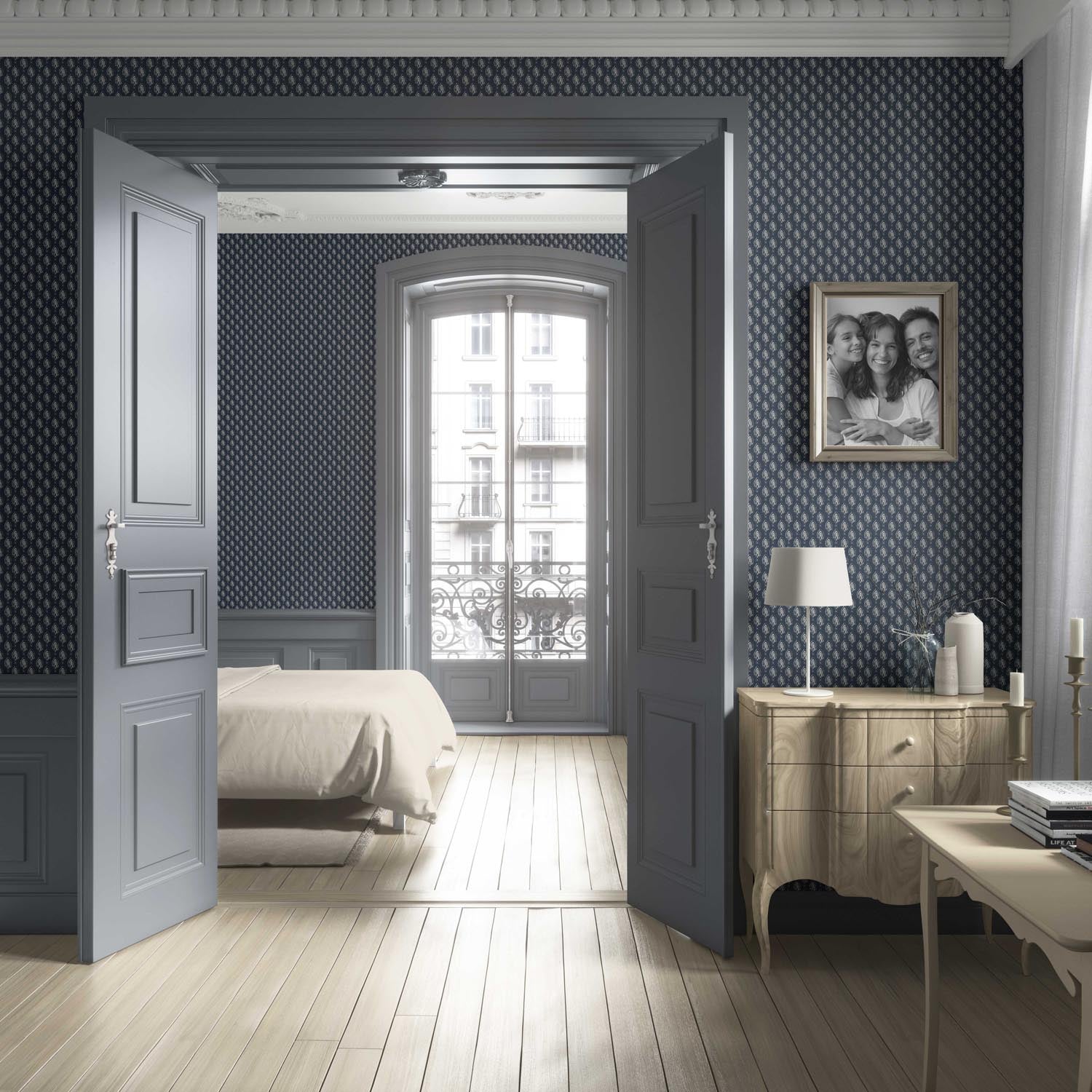 Textured Teardrop/ Paisley Block Print Living Room Wallpaper (Navy Blue/ White)