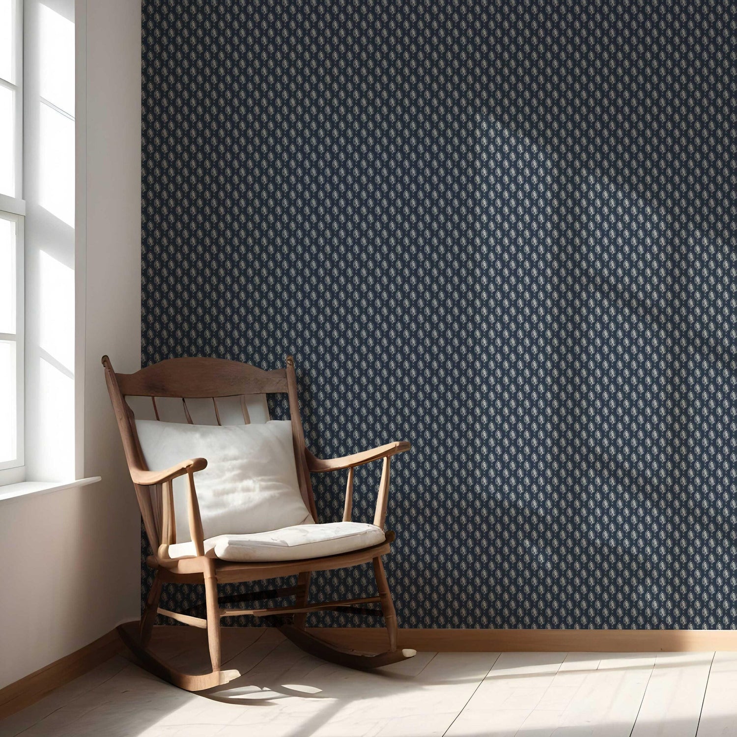 Textured Teardrop/ Paisley Block Print Nursery Wallpaper (Navy Blue/ White)