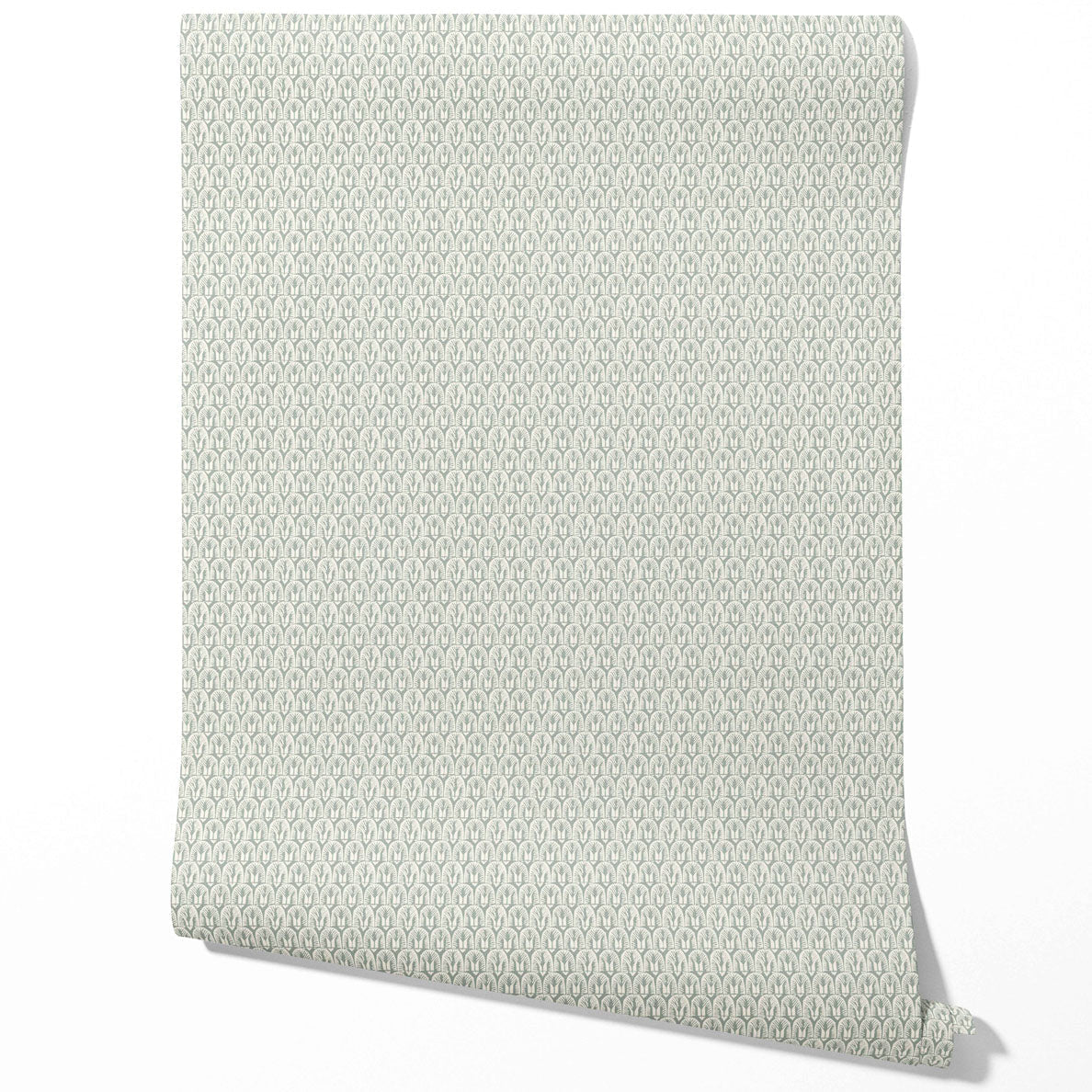 Geometric Scallops Floral Bathroom Wallpaper (Green-Gray/ White)