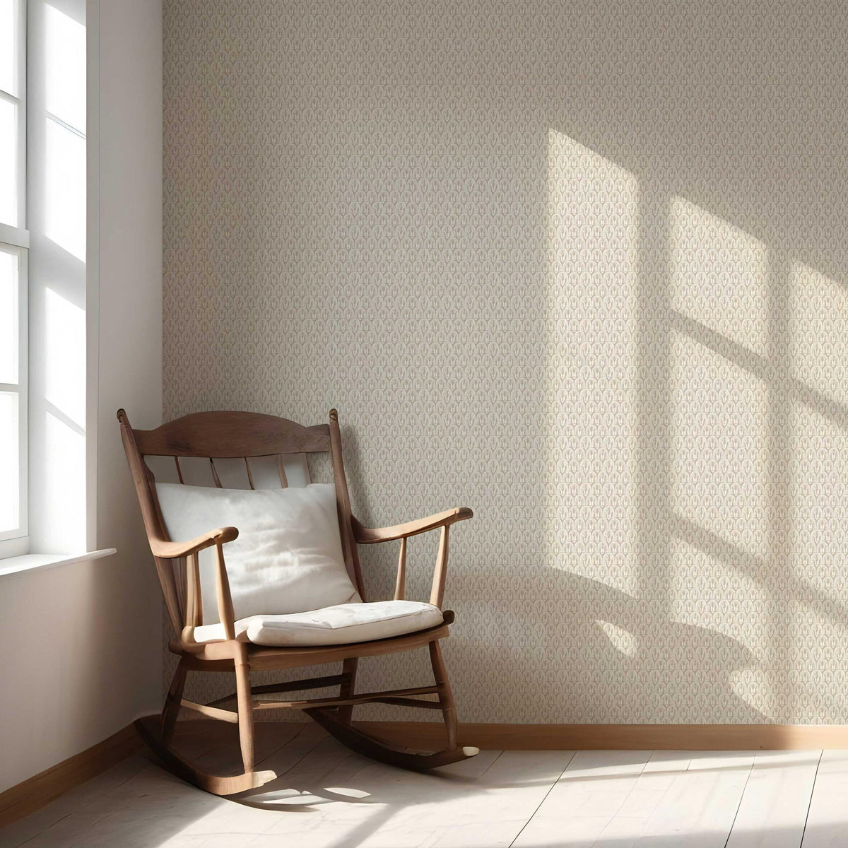 Neutral Geometric Scallops Floral Nursery Wallpaper (Stone Beige/ White)