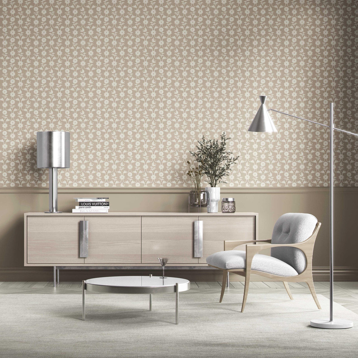 Neutral Toned Modern Floral/ Botanical Kitchen Wallpaper (Beige/ White)