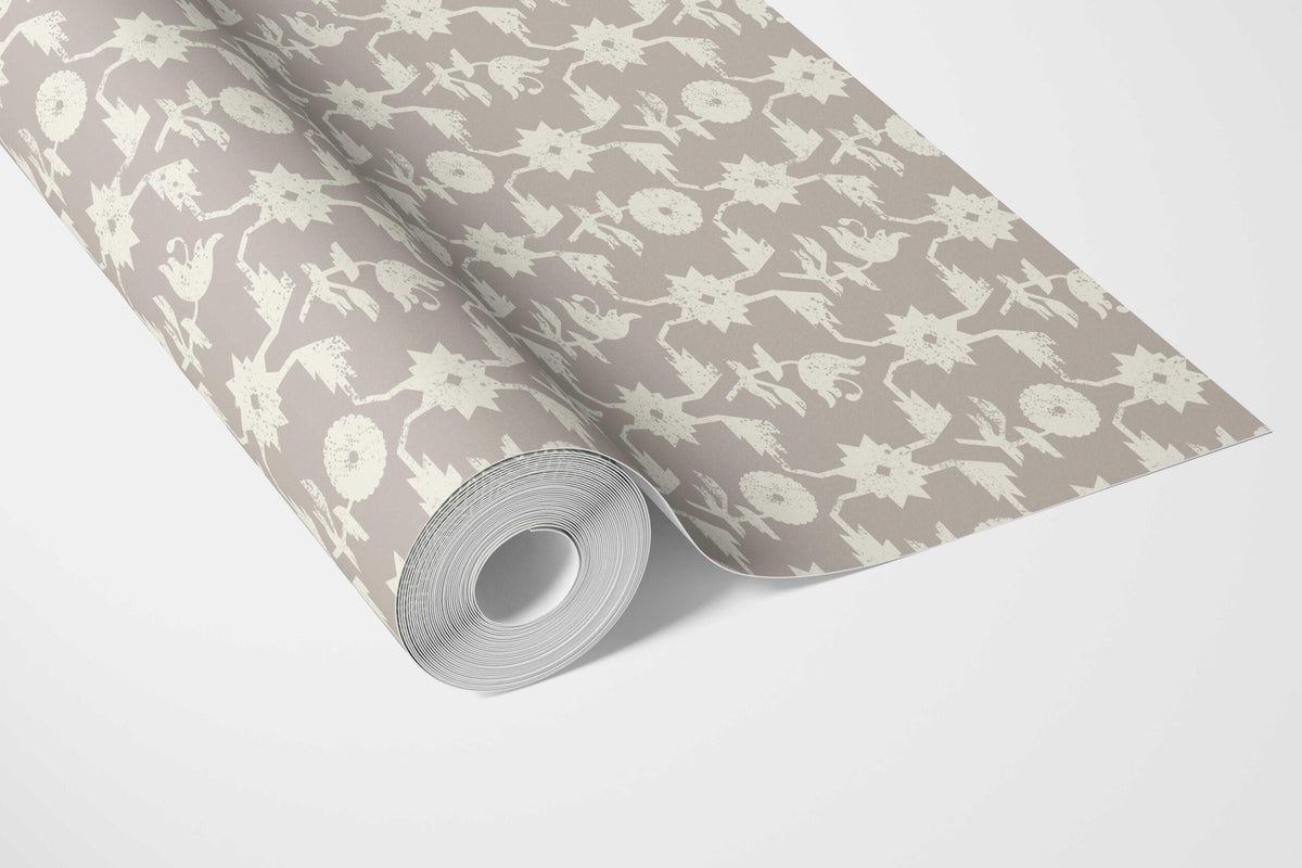 Neutral Toned Modern Floral/ Botanical Bathroom Wallpaper (Gray/ Greige/ White)