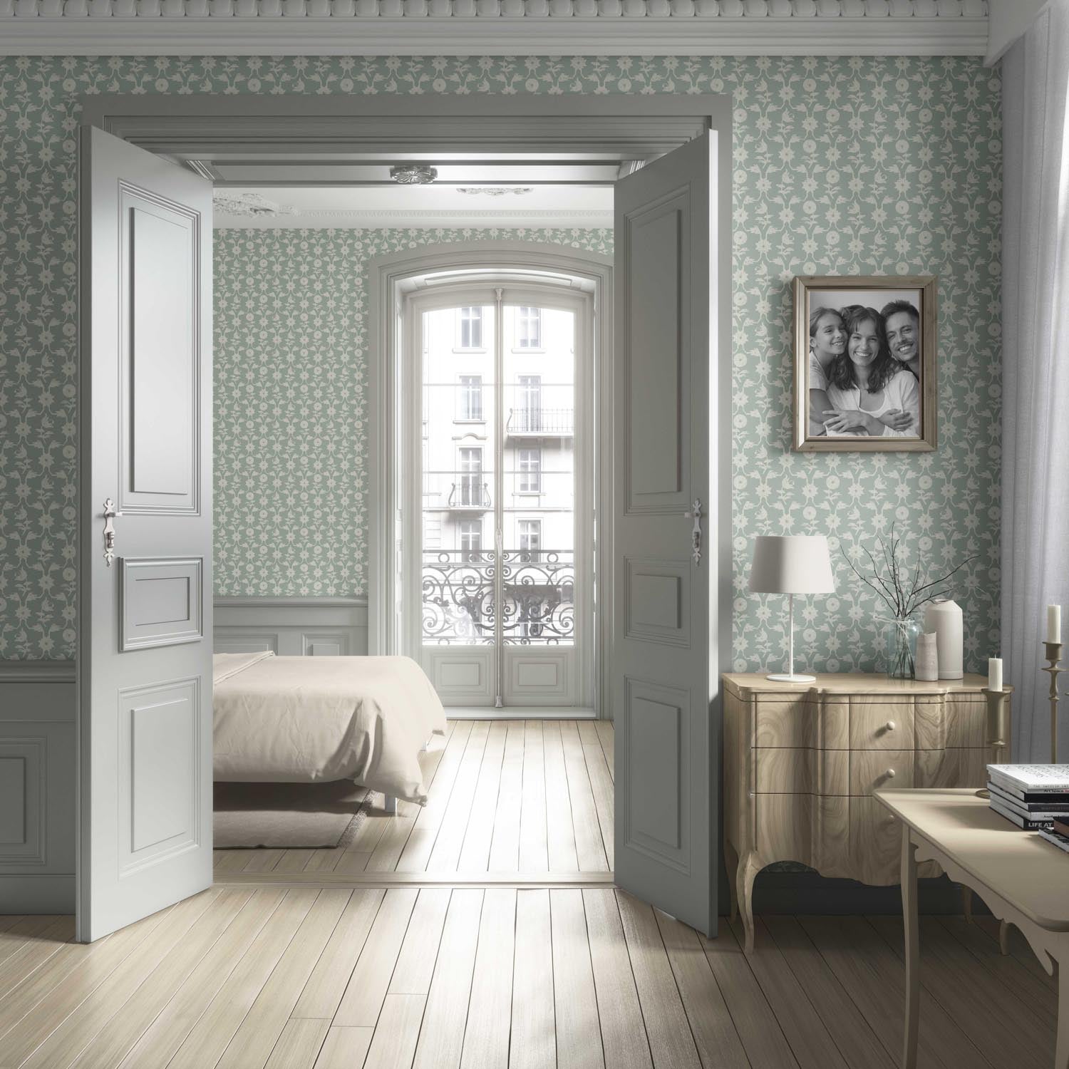 Modern Floral Botanical Living Room Wallpaper (Green/ White)