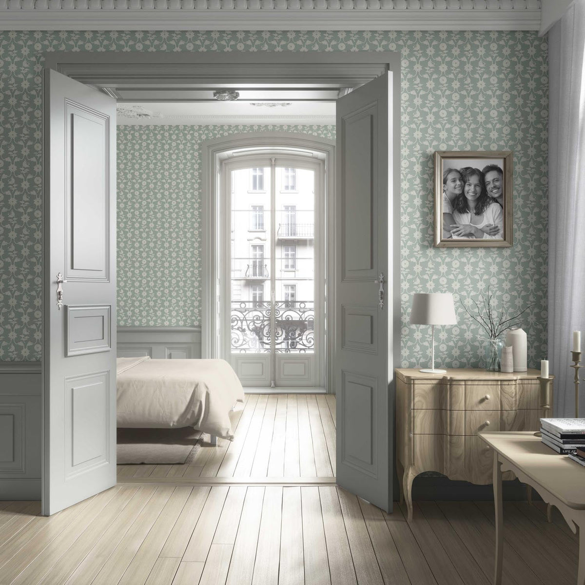Modern Floral Botanical Living Room Wallpaper (Green/ White)
