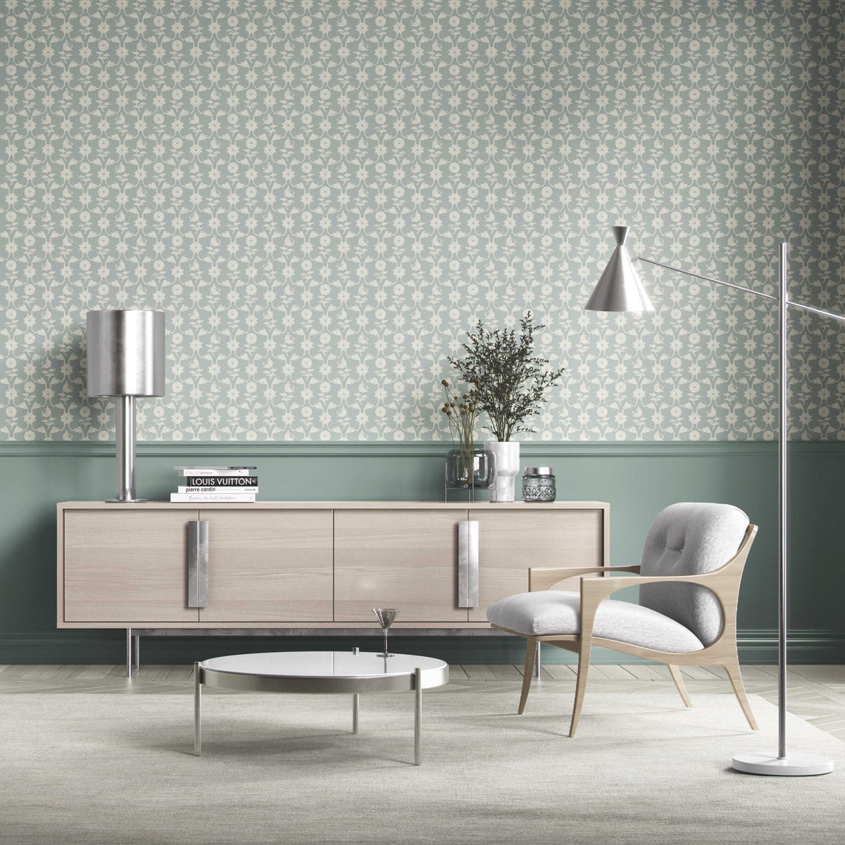 Modern Floral Botanical Kitchen Wallpaper (Duck Egg Blue/ White)