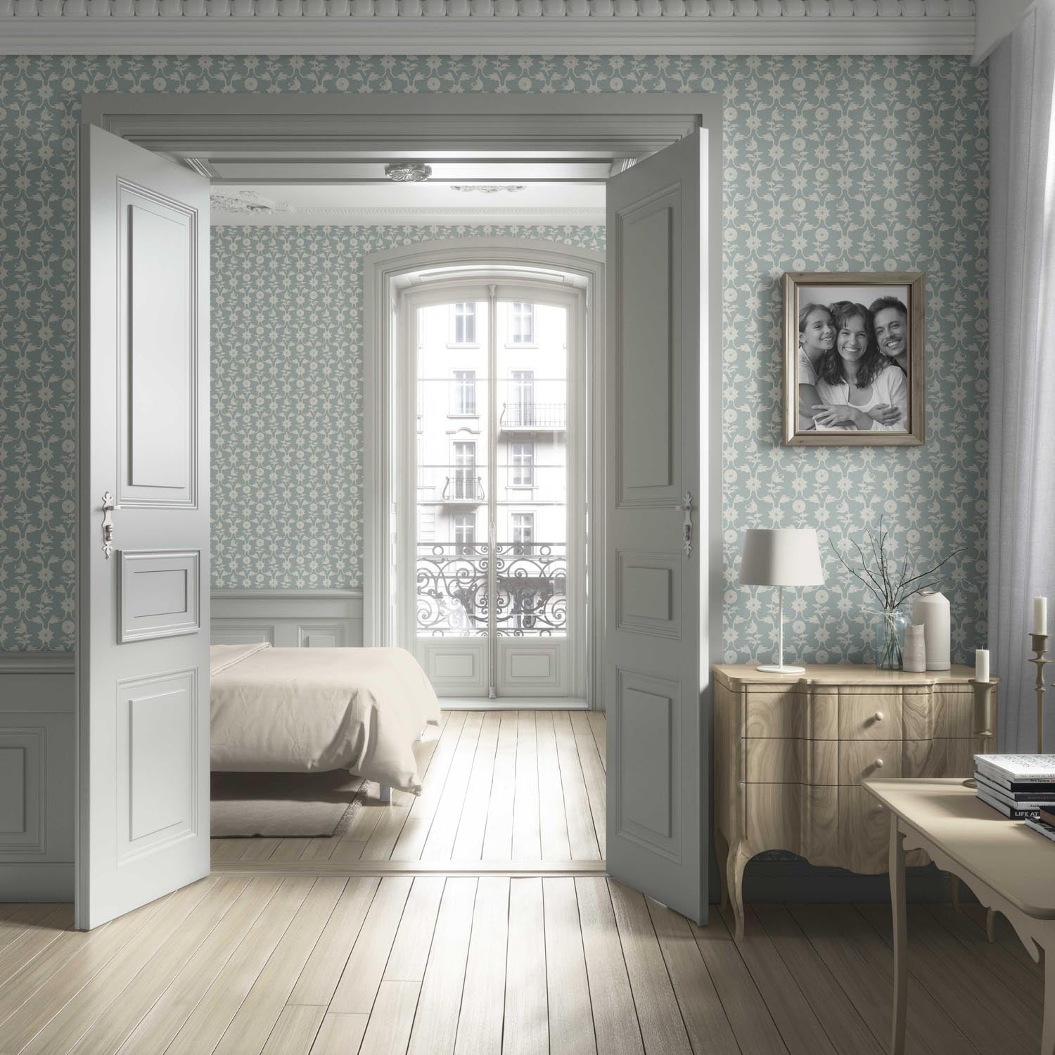 Modern Floral Botanical Living Room Wallpaper (Duck Egg Blue/ White)