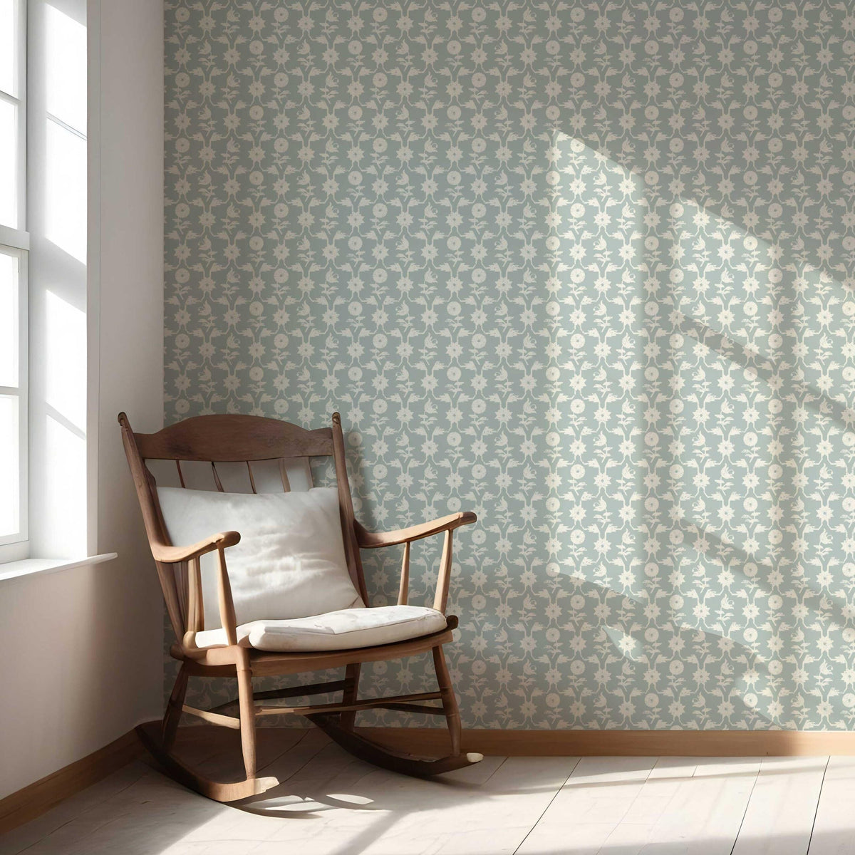 Modern Floral Botanical Nursery Wallpaper (Duck Egg Blue/ White)