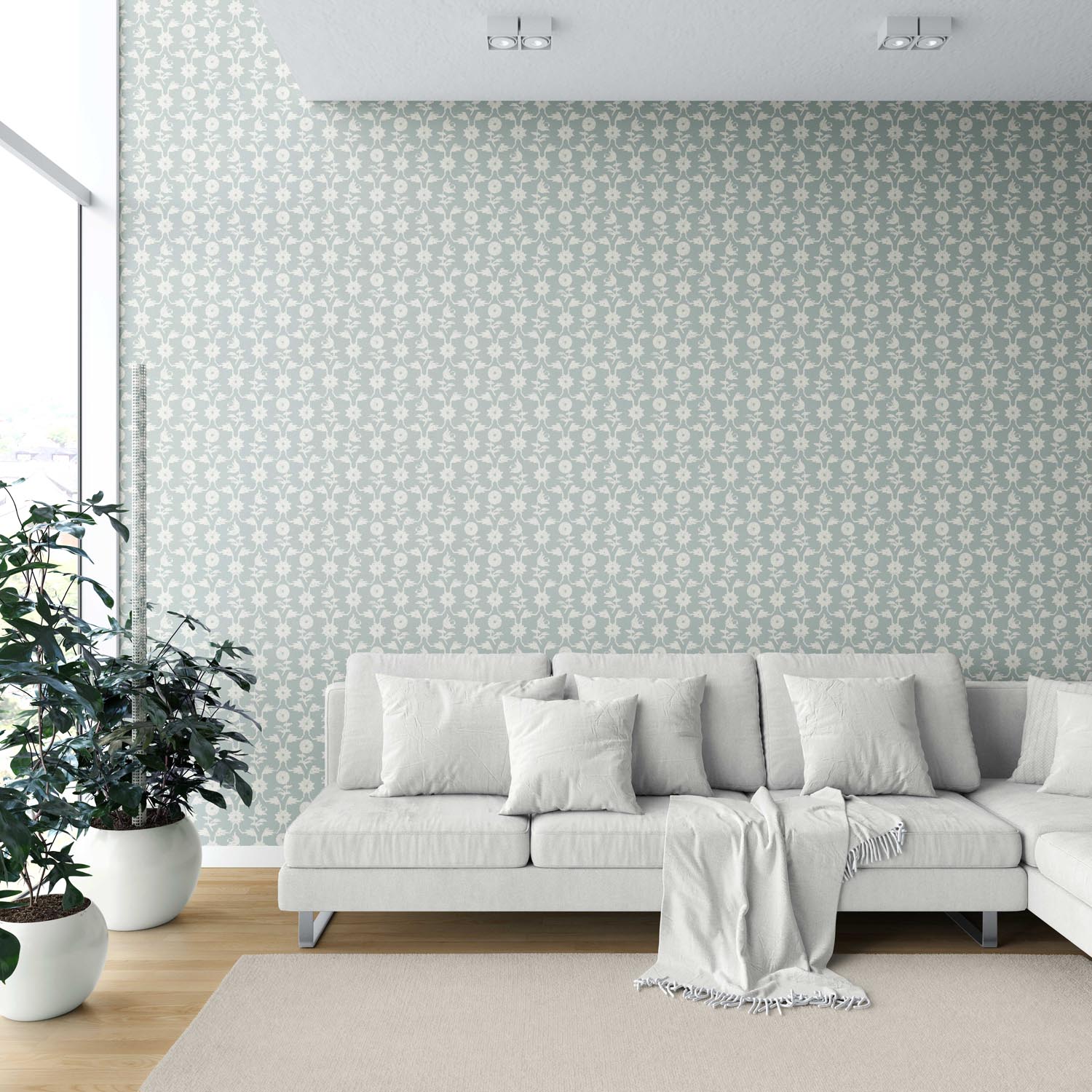 Modern Floral Botanical Shower Toilet Wallpaper (Duck Egg Blue/ White)