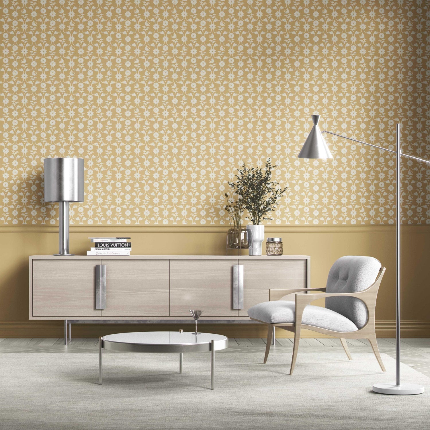 Modern Floral Botanical Kitchen Wallpaper (Yellow/ White)
