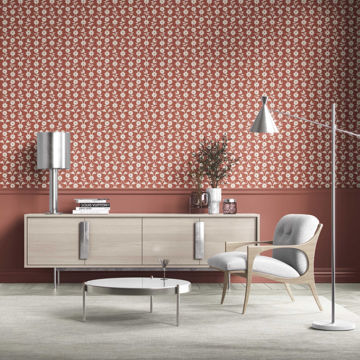 Modern Floral Botanical Kitchen Wallpaper (Terracotta Red/ White)