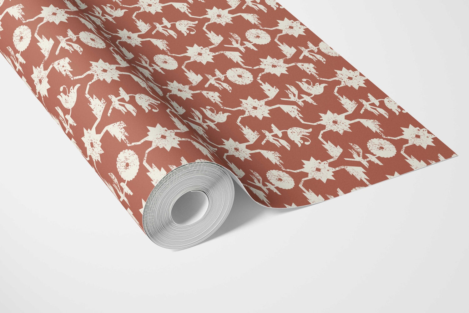 Modern Floral Botanical Bathroom Wallpaper (Terracotta Red/ White)