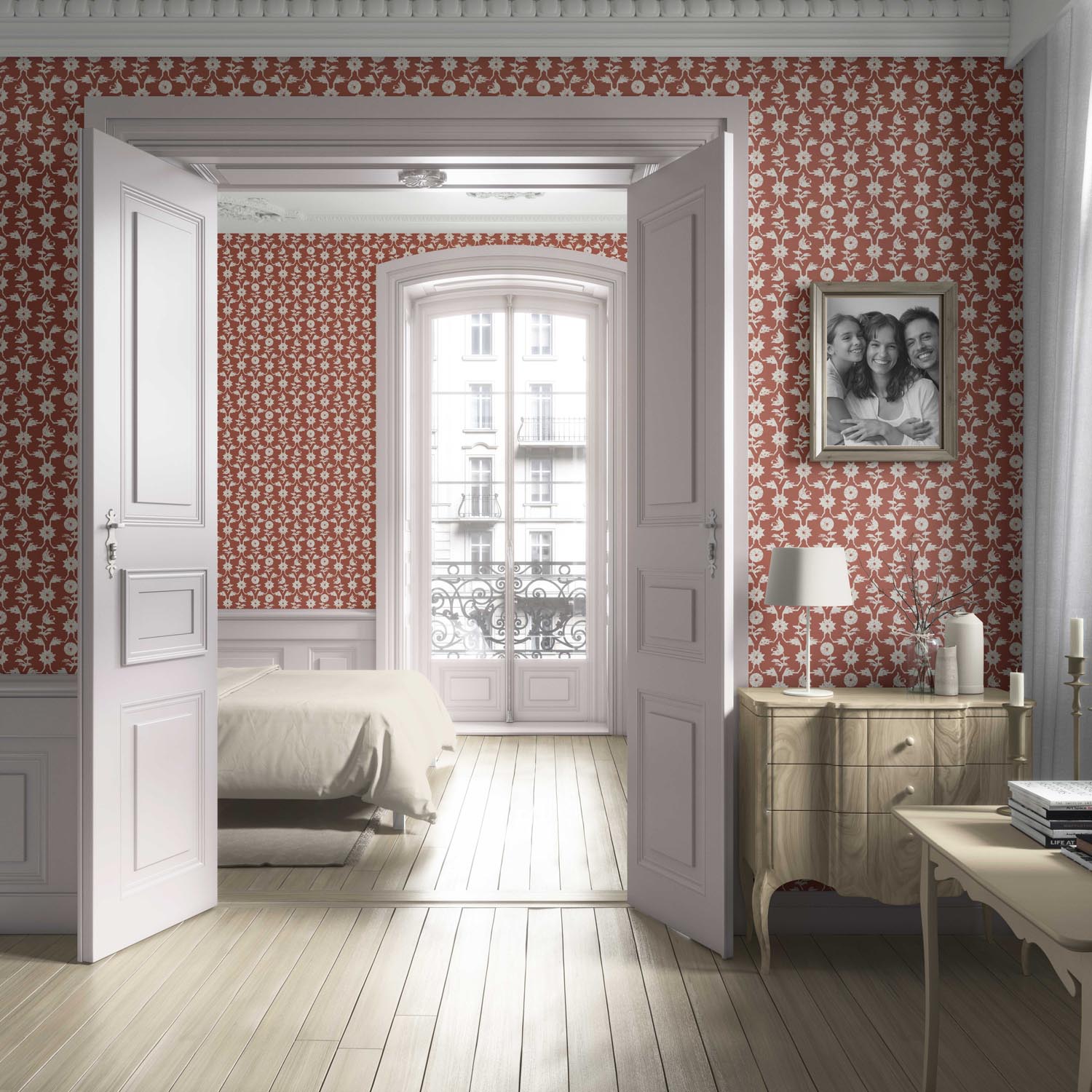 Modern Floral Botanical Living Room Wallpaper (Terracotta Red/ White)