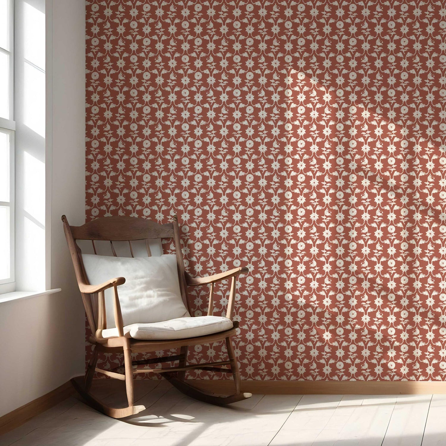 Modern Floral Botanical Nursery Wallpaper (Terracotta Red/ White)
