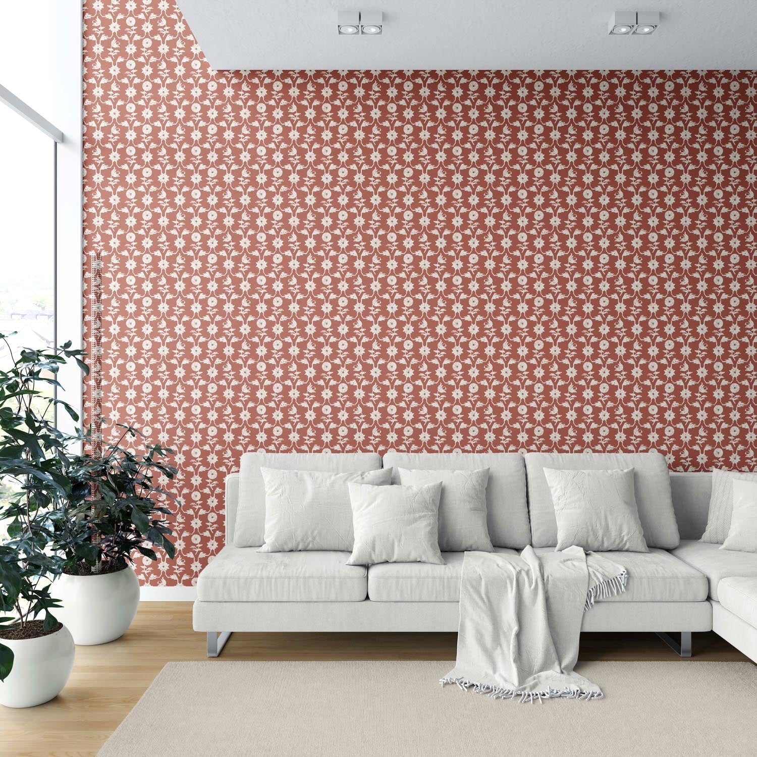 Modern Floral Botanical Shower Toilet Wallpaper (Terracotta Red/ White)