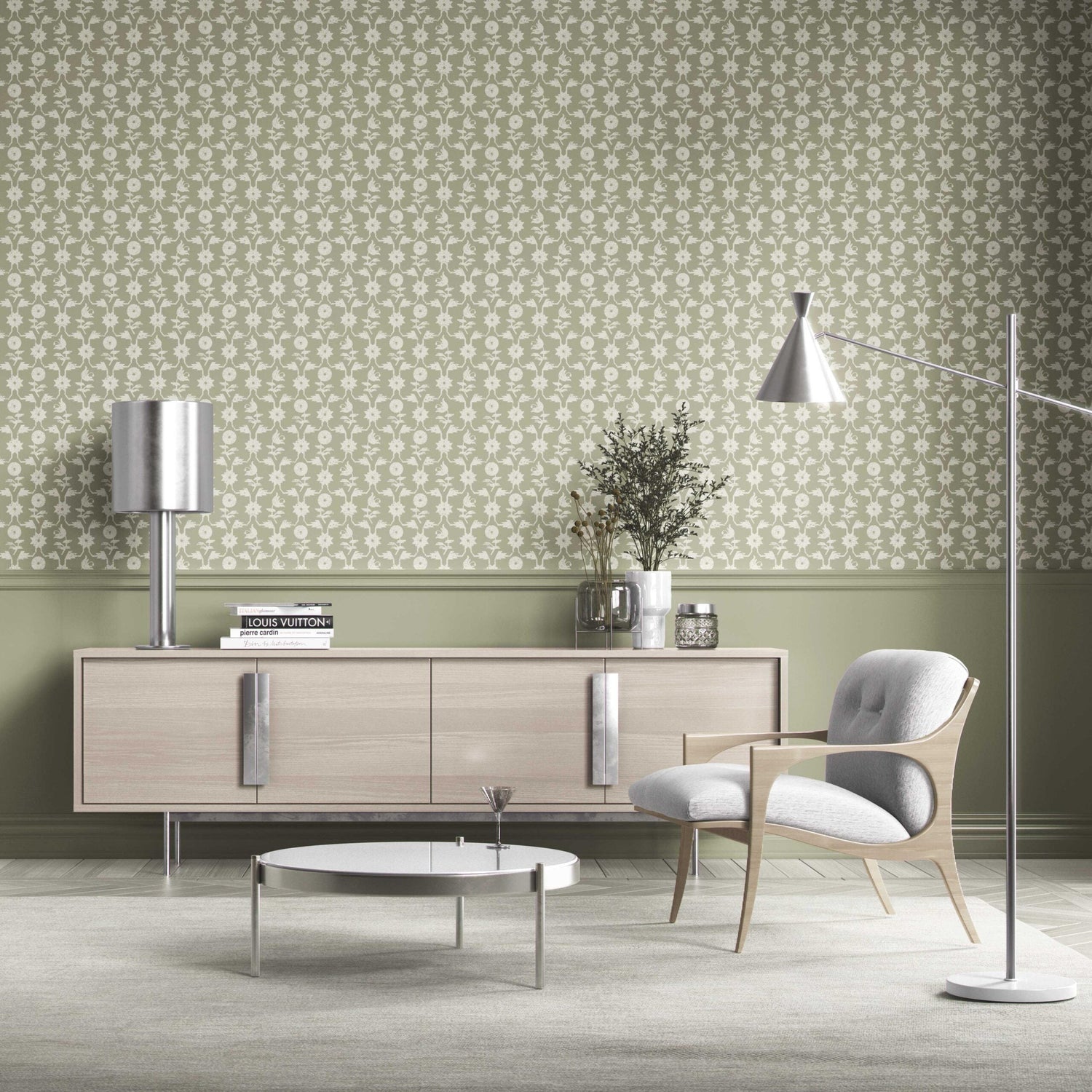 Modern Floral Botanical Kitchen Wallpaper (Khaki Green/ White)
