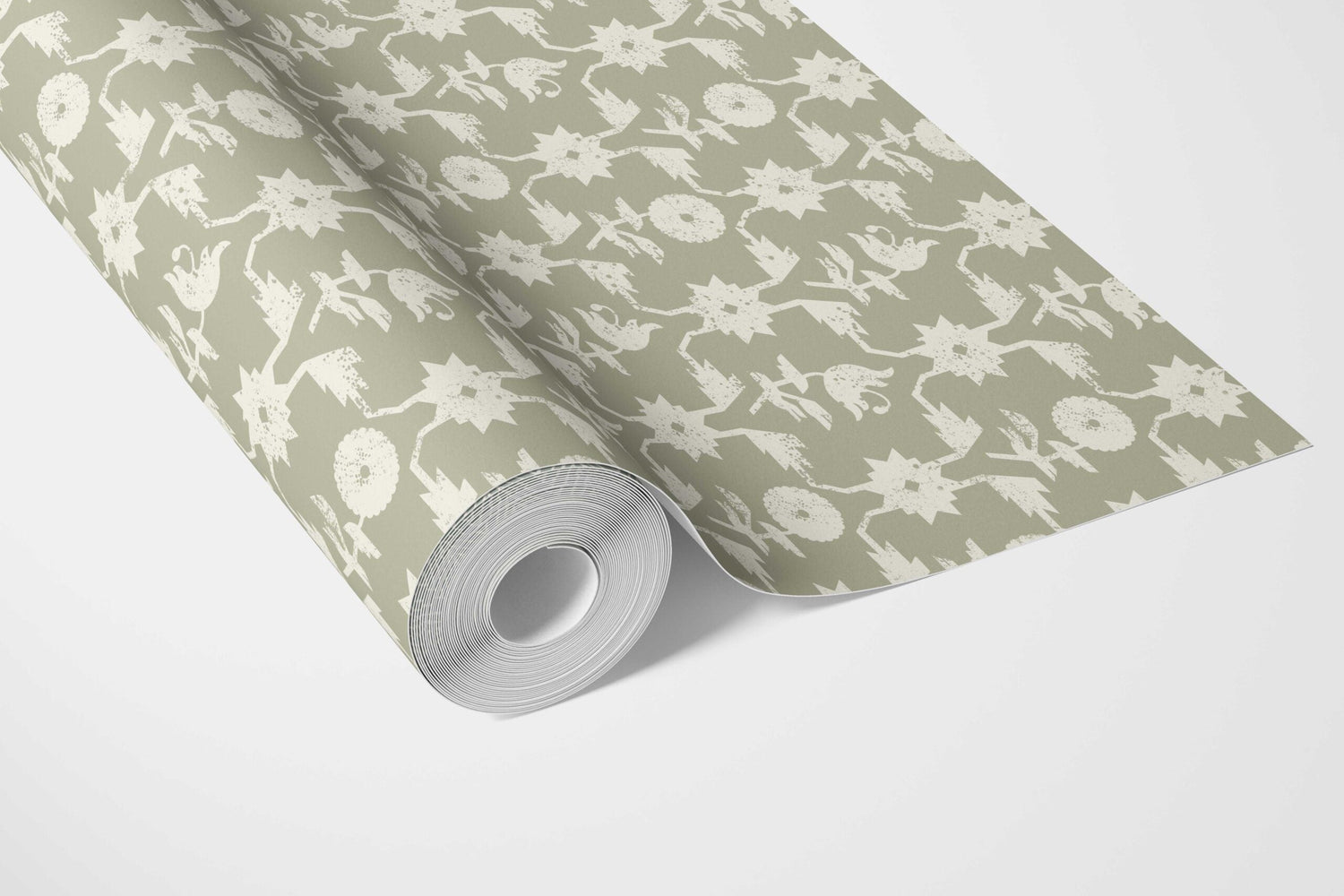 Modern Floral Botanical Bathroom Wallpaper (Khaki Green/ White)