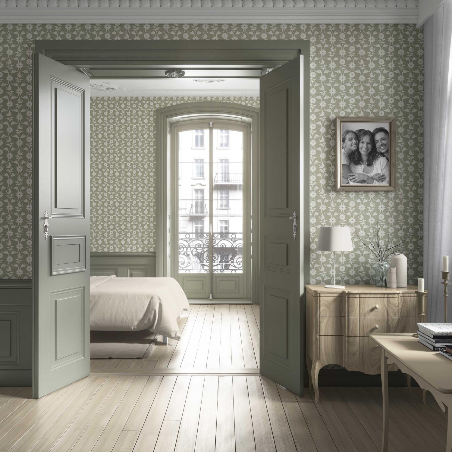 Modern Floral Botanical Living Room Wallpaper (Khaki Green/ White)
