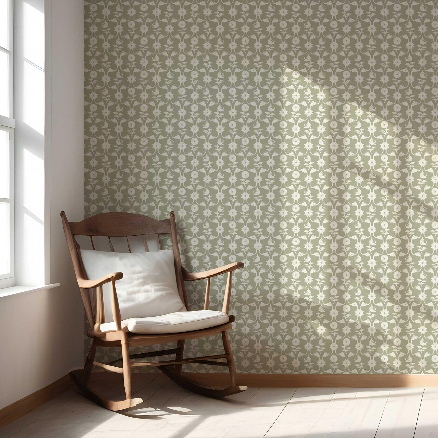Modern Floral Botanical Nursery Wallpaper (Khaki Green/ White)