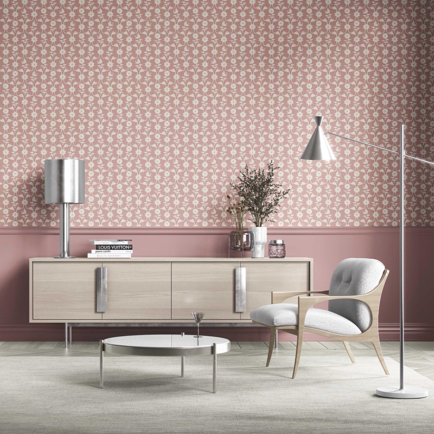 Modern Floral Botanical Kitchen Wallpaper (Pink/ White)