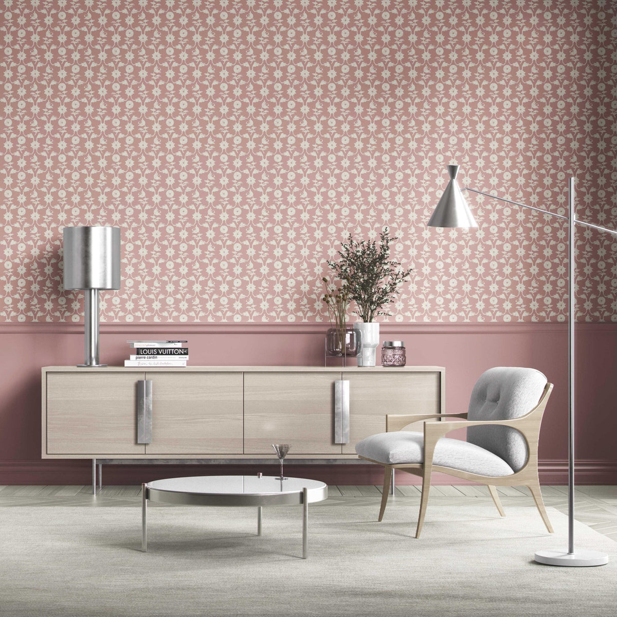 Modern Floral Botanical Kitchen Wallpaper (Pink/ White)