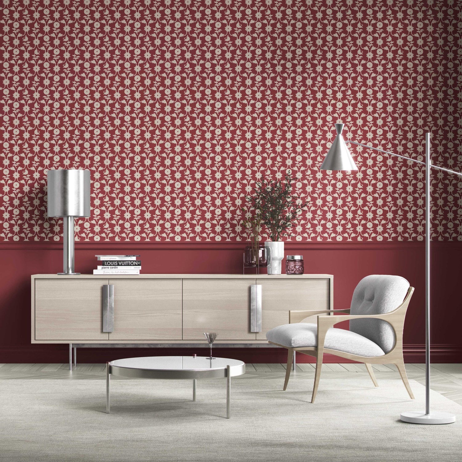 Modern Floral Botanical Kitchen Wallpaper (Deep Red/ Off-White)