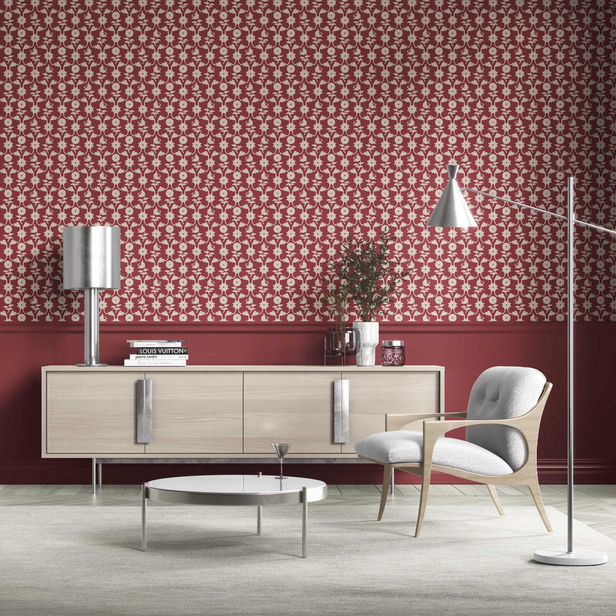 Modern Floral Botanical Kitchen Wallpaper (Deep Red/ Off-White)