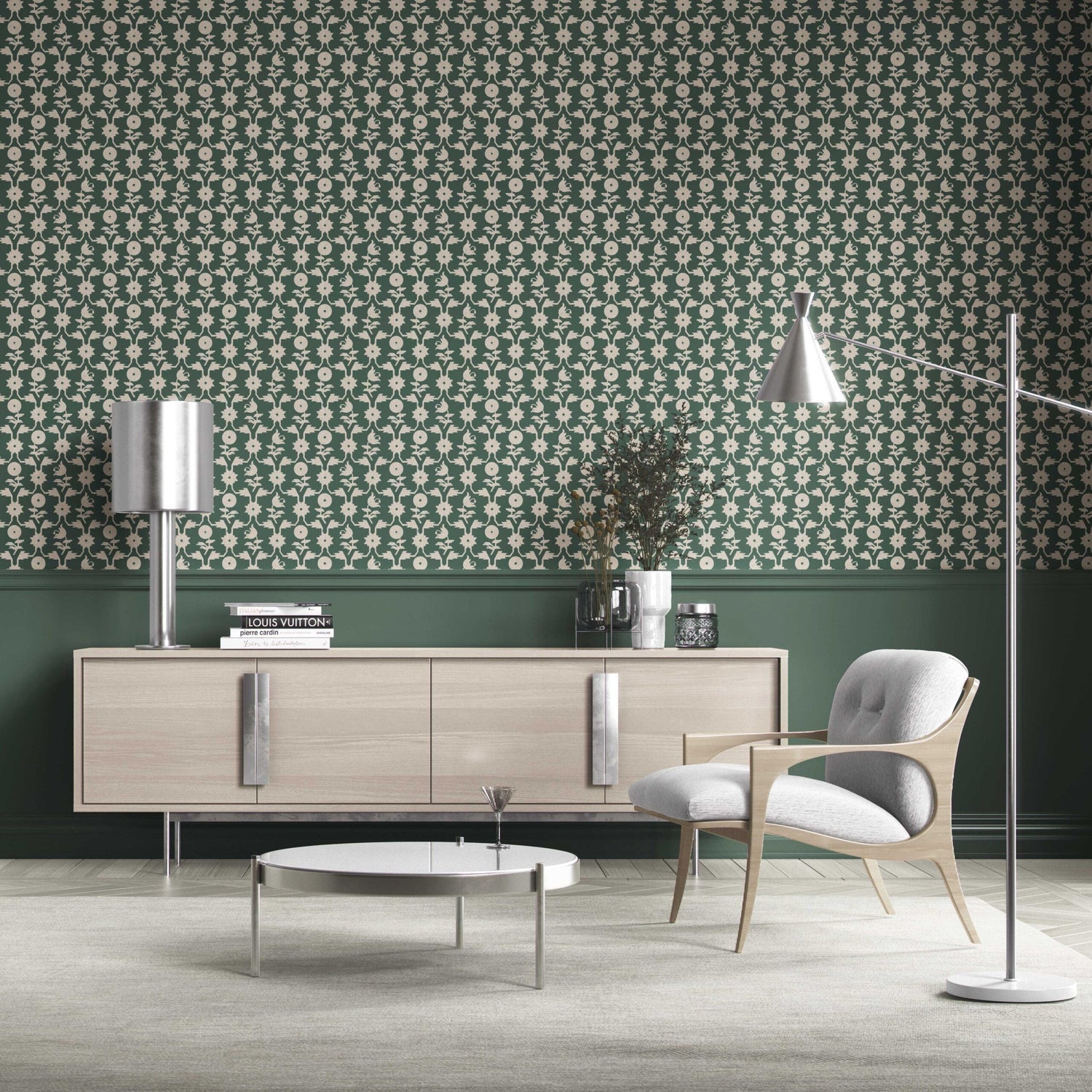 Modern Floral Botanical Kitchen Wallpaper (Green/ Beige)